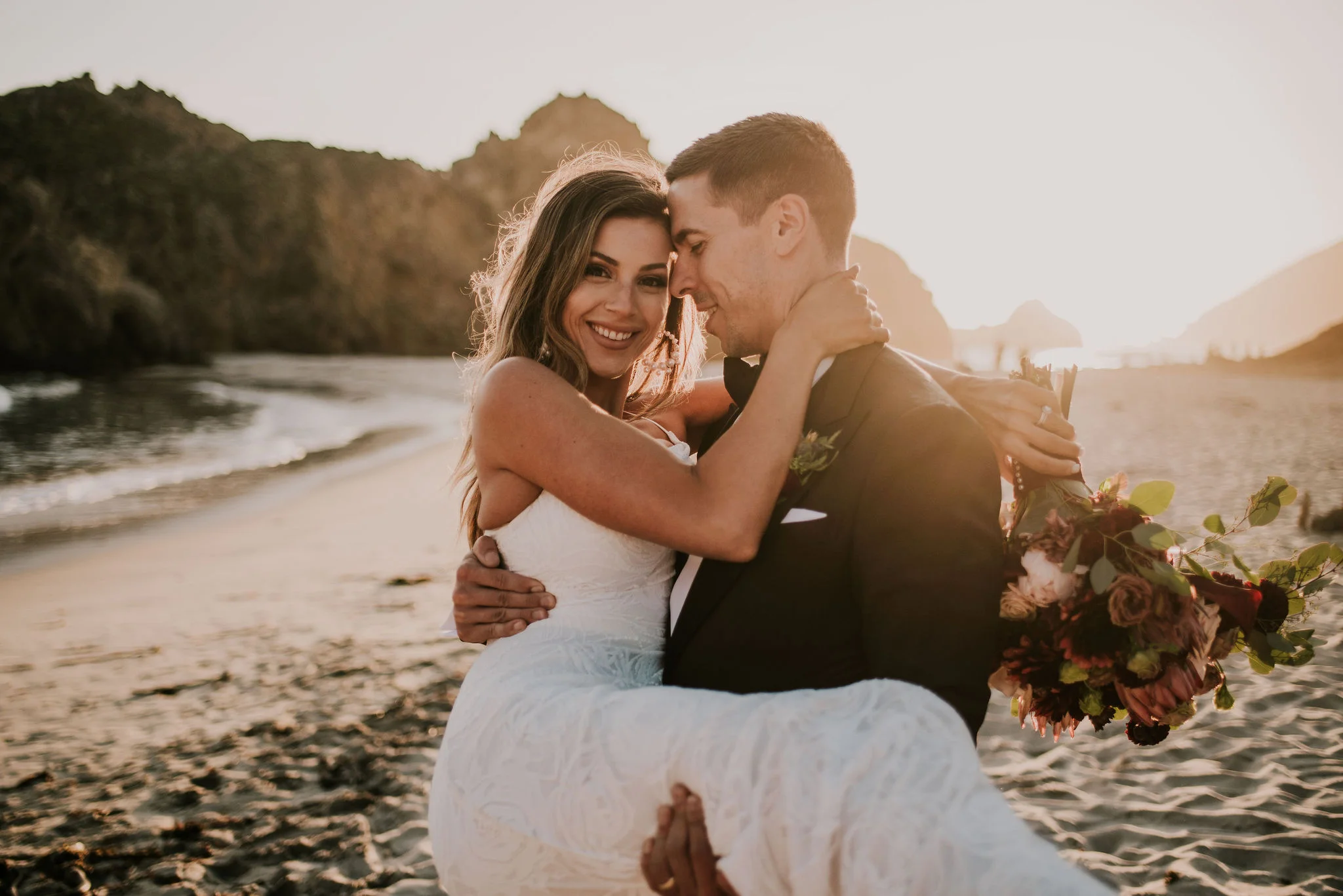 Natural Sunset Portraits of Newlyweds on the Coast Photographed by Santa Barbara Wedding Photographers Tessa Tadlock