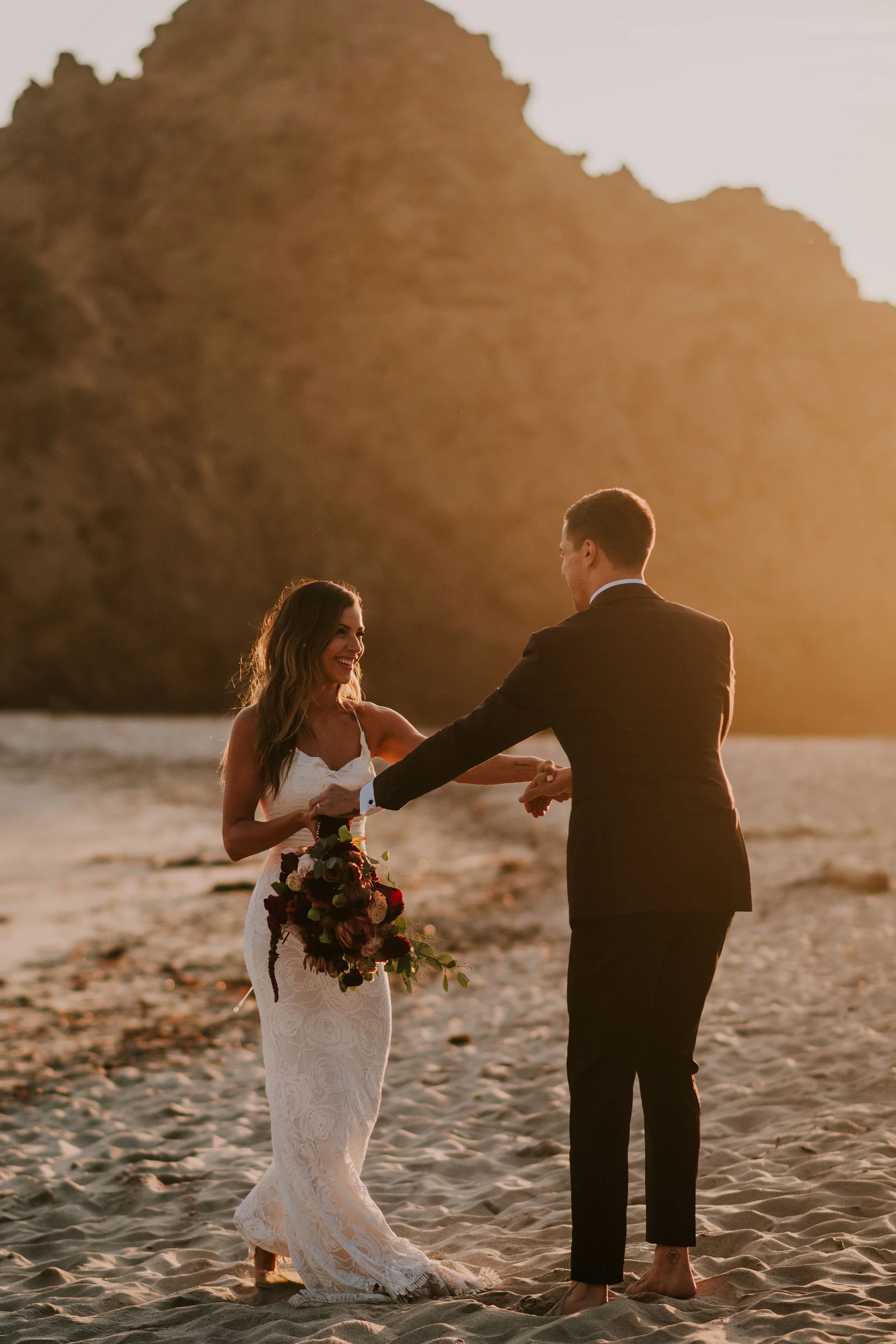 Cute Newlywed Couple Portraits in Big Sur at Sunset Photographed by Santa Barbara Wedding Photographers Tessa Tadlock