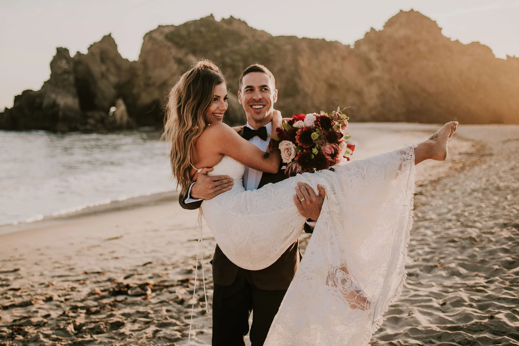 Boho Elopement Portraits on the Beach photographed by Big Sur wedding photographers Tessa Tadlock