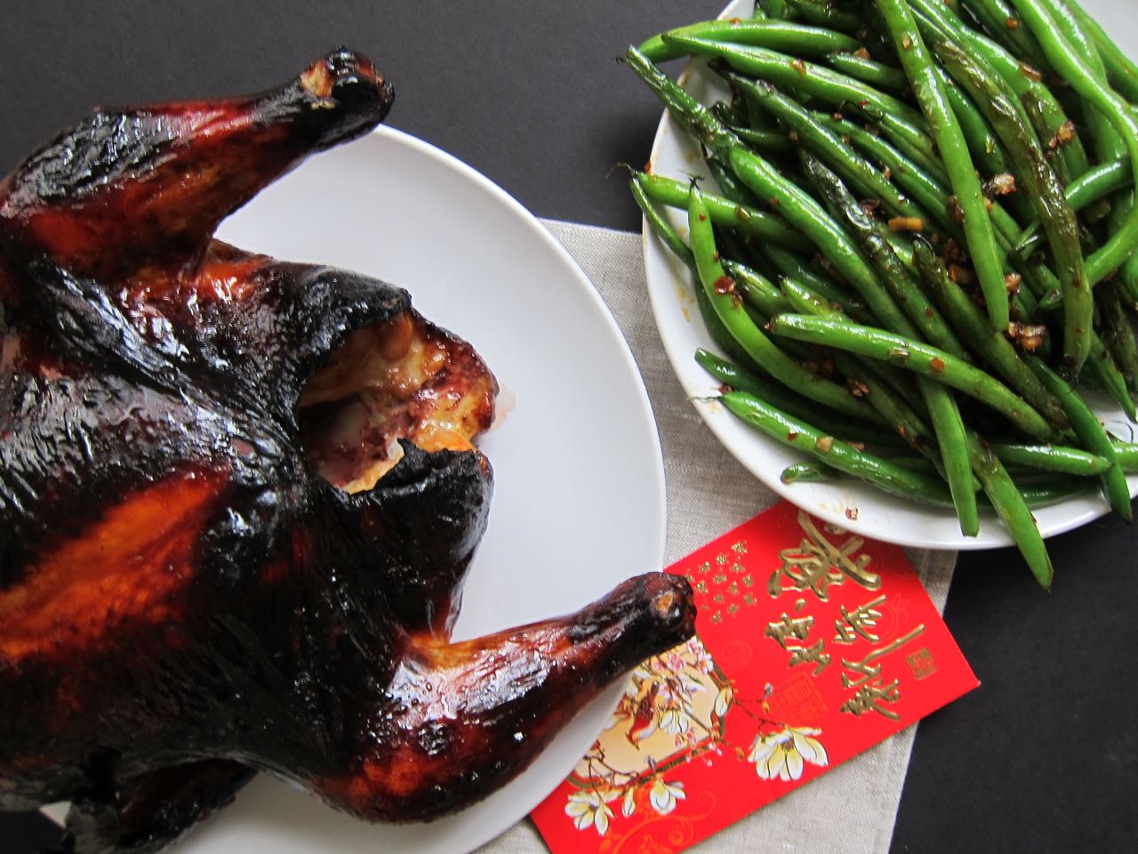 Lacquered Roast Chicken and Green Beans