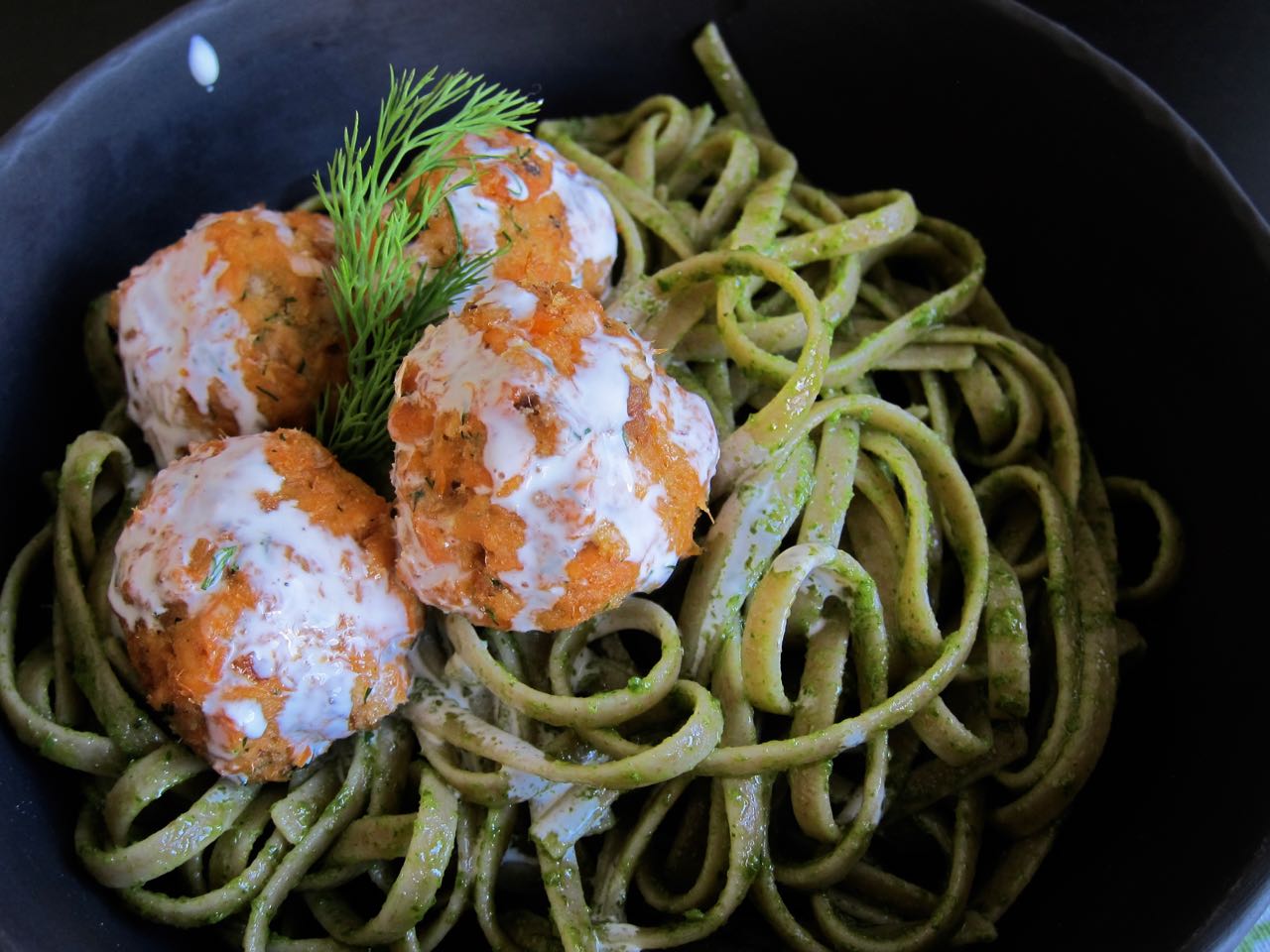 Sorrel Pesto Pasta with Salmon Meatballs