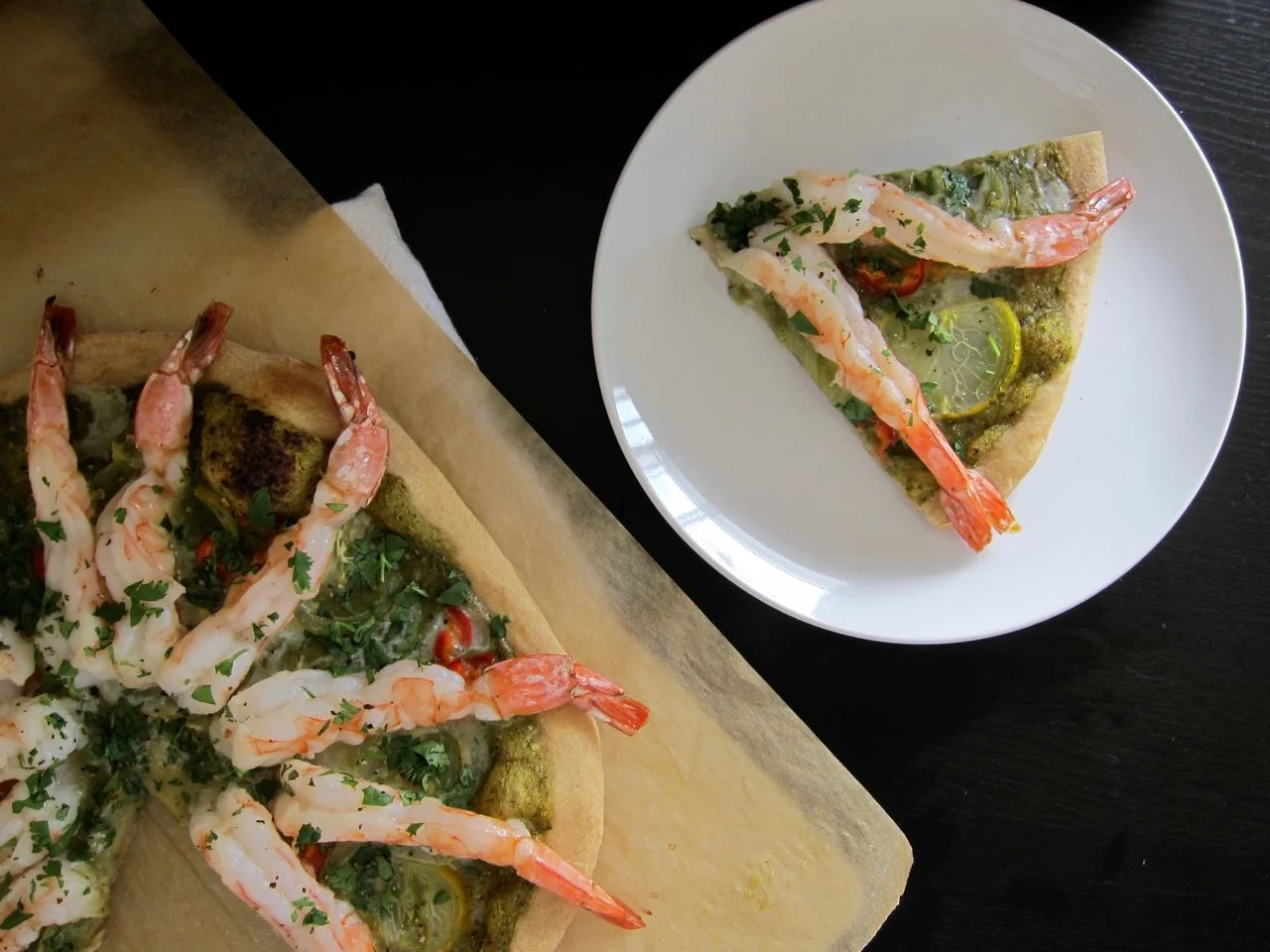 Sliced Prawn Salsa Verde Pizza