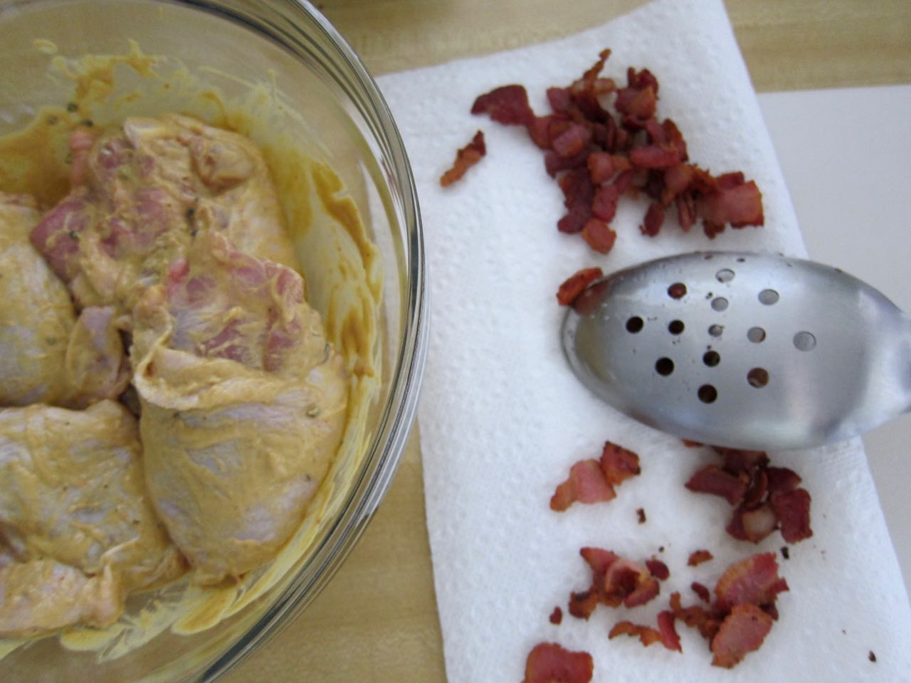 Marinating mustard chicken and bacon.jpg