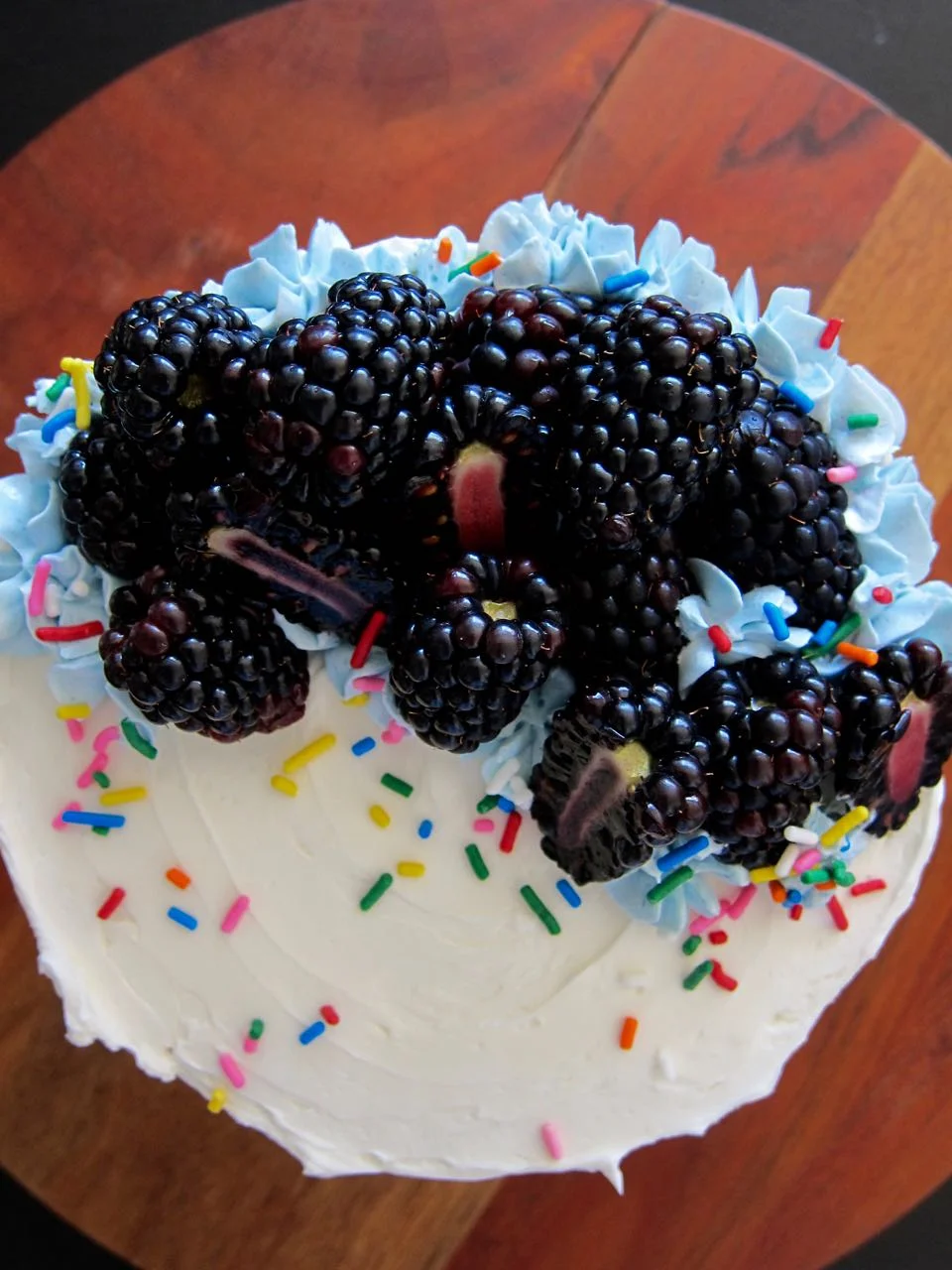 top view funfetti & blackberry cake