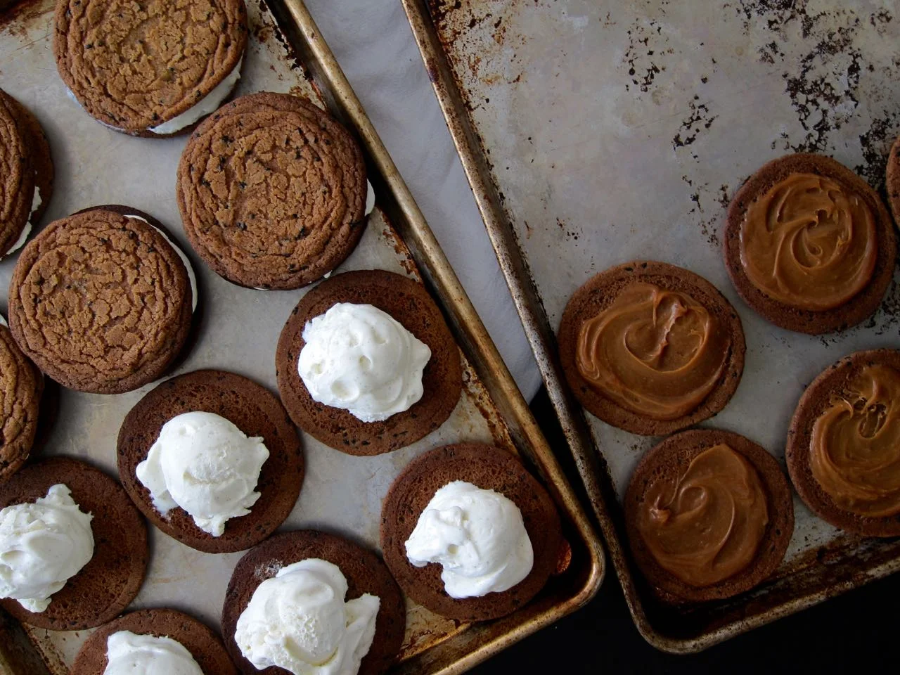 building black sesame cookie & miso caramel ice cream sandwiches