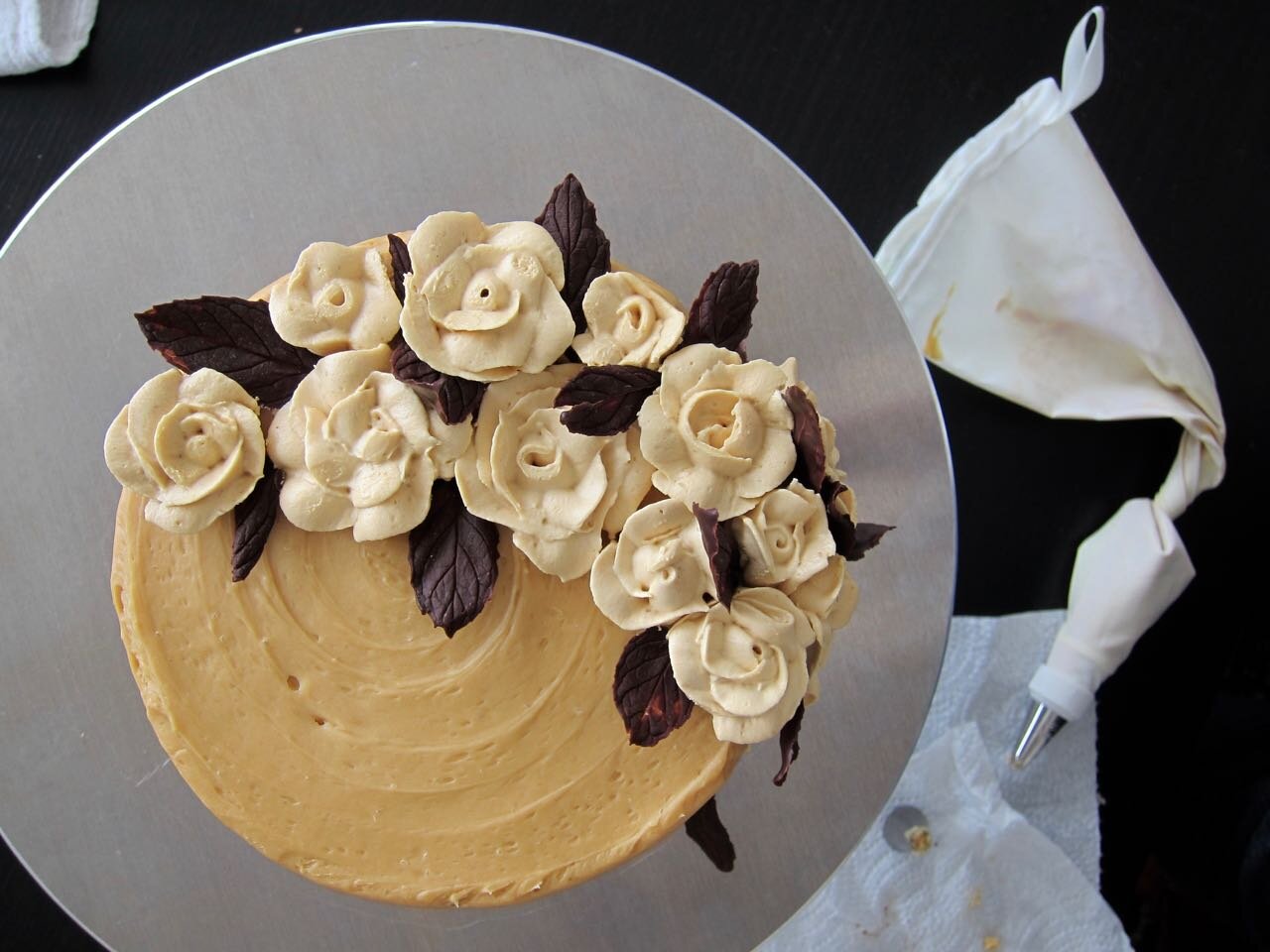 chocolate mint leaves and frosting roses.jpg