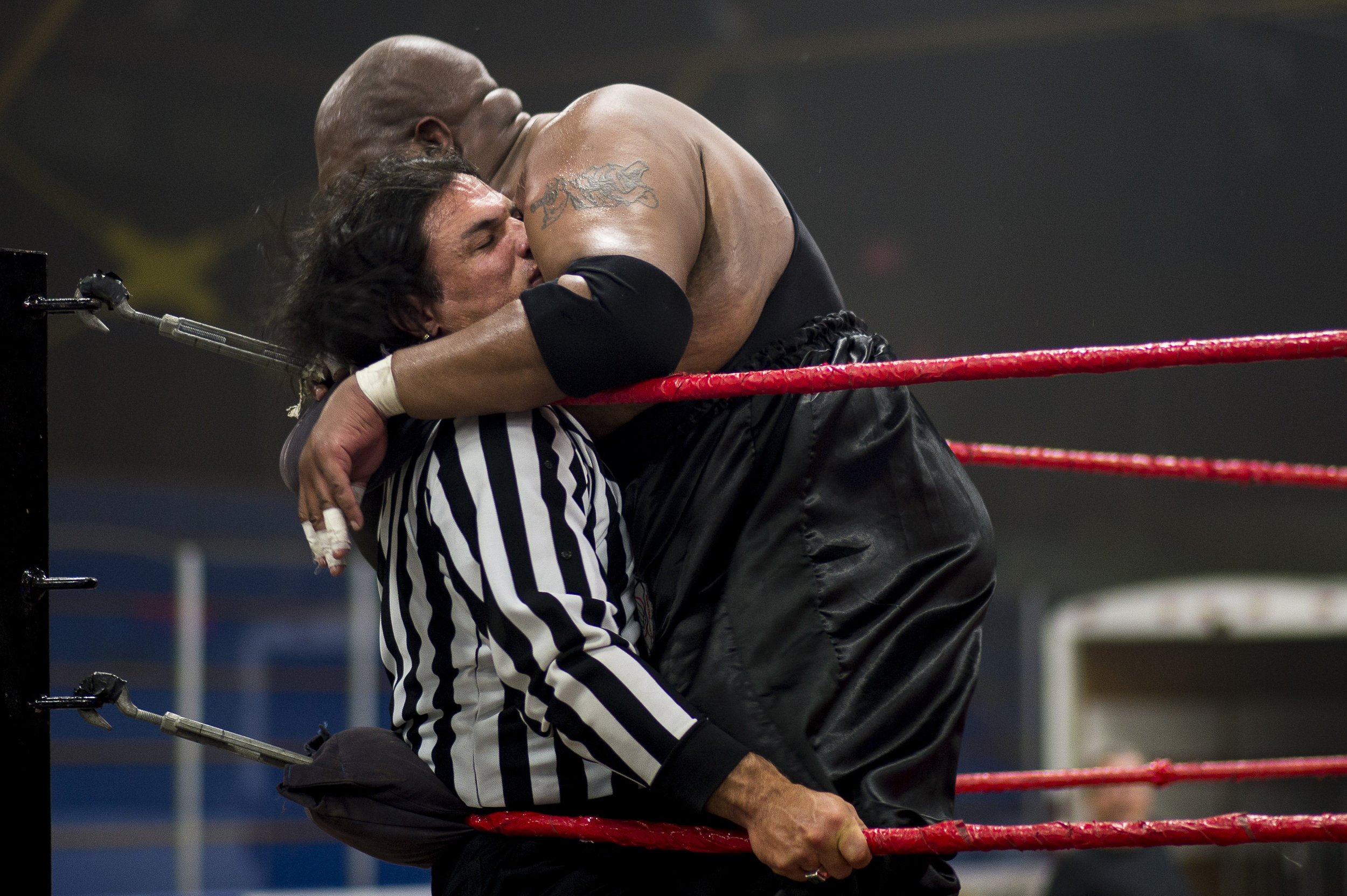  Suspended senator Patrick Brazeau is body slammed by Soa Amin during a local wrestling match where he was a special guest referee. 