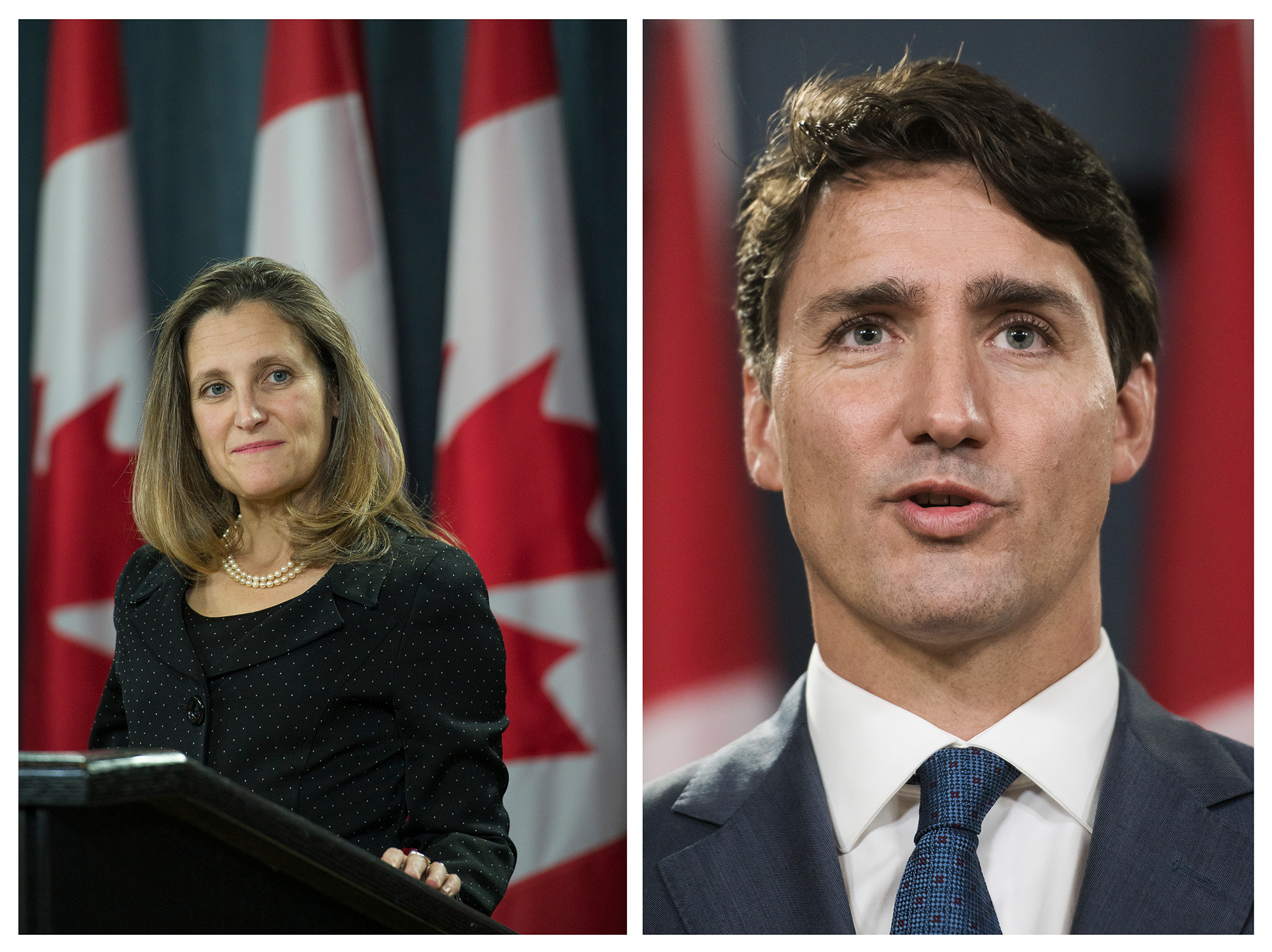  Minister of foreign affairs Chrystia Freeland and Prime Minister Justin Trudeau holds a press conference after the NAFTA negotiations with the United States. On assignment for Maclean’s. Unpublished. 