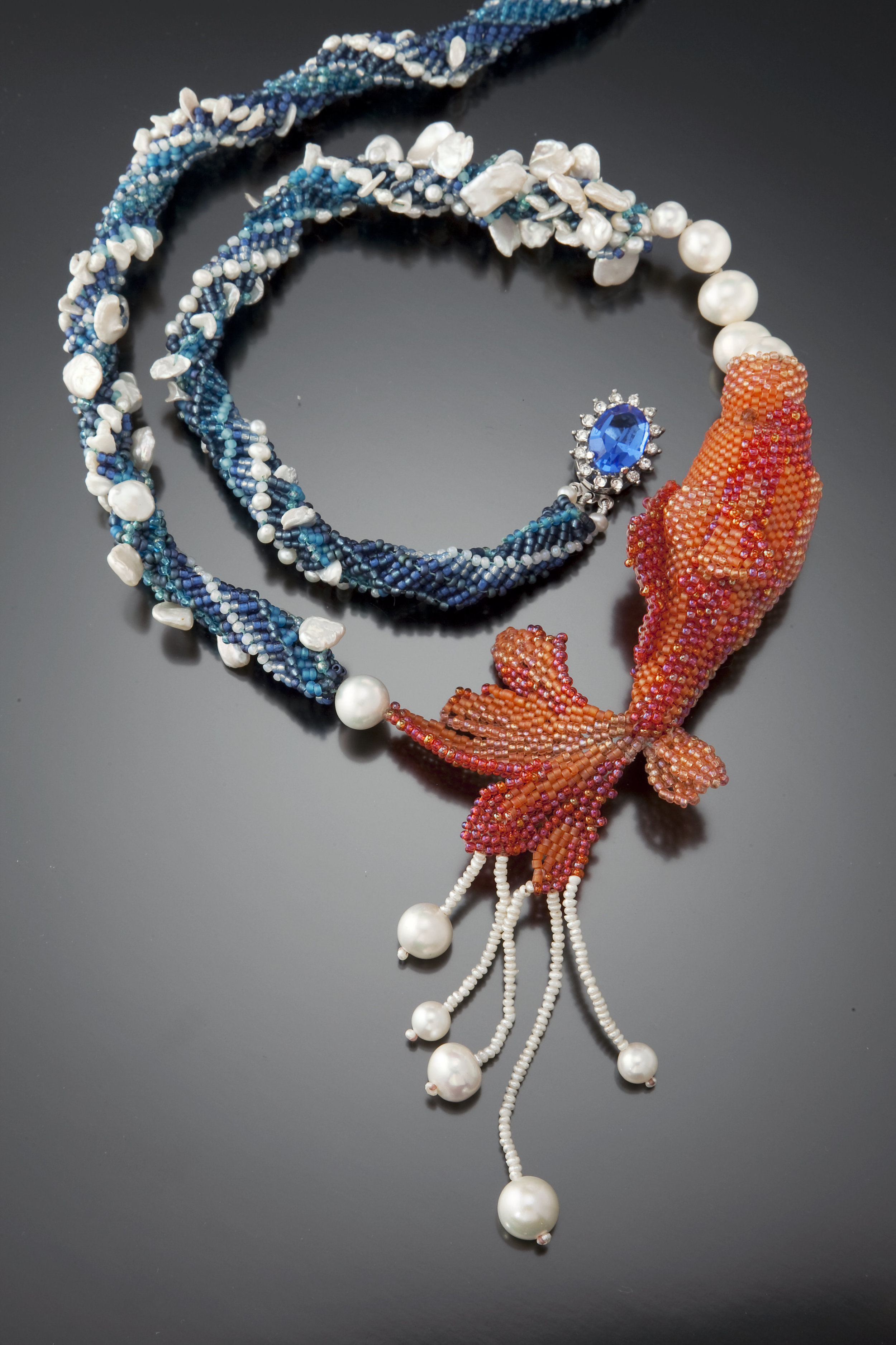 Kanagawa Koi - Sculptural Beadwoven Koi Necklace with Pearls a Plenty