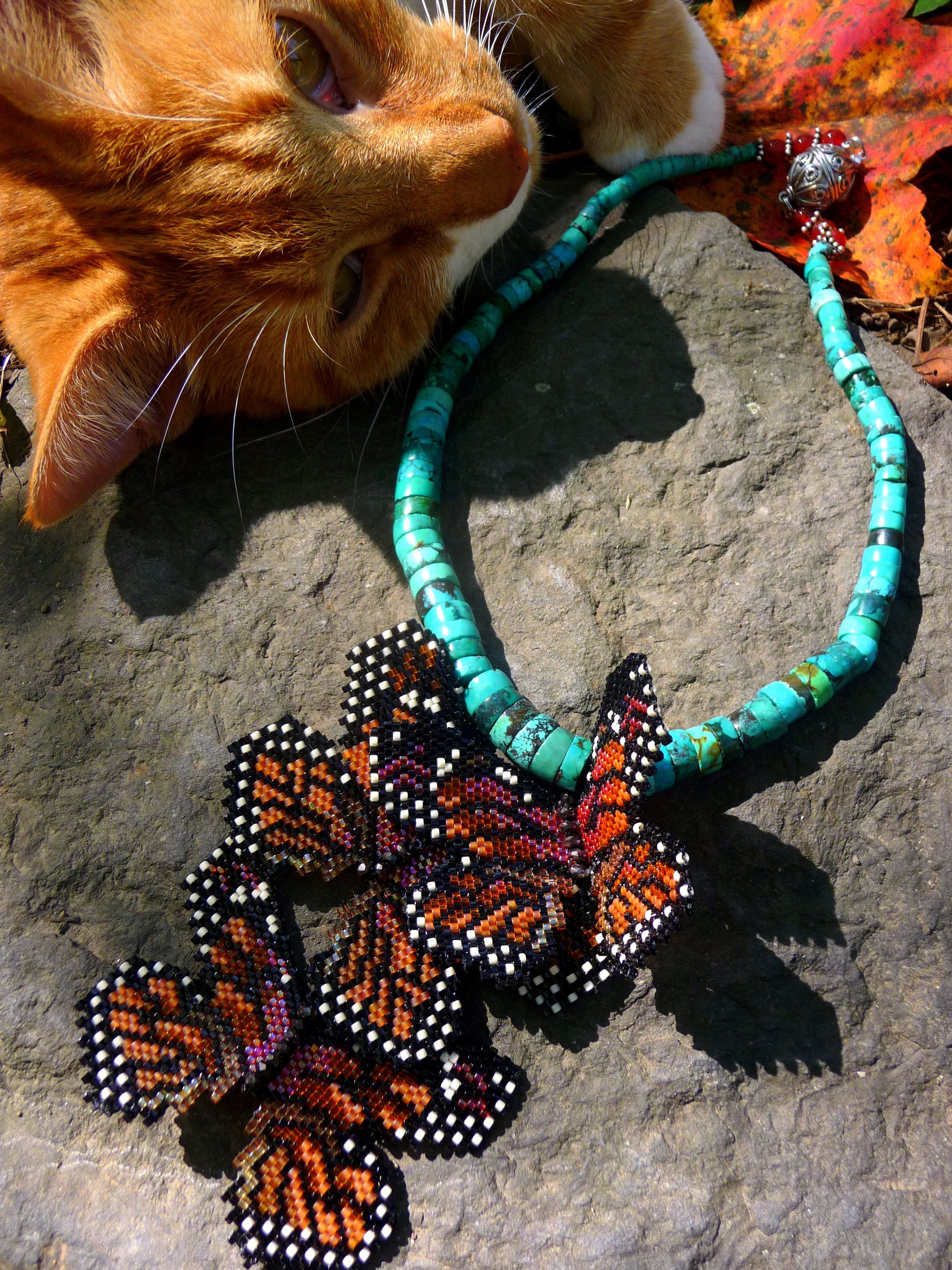 Monarch Mgration necklace kitty photbomb