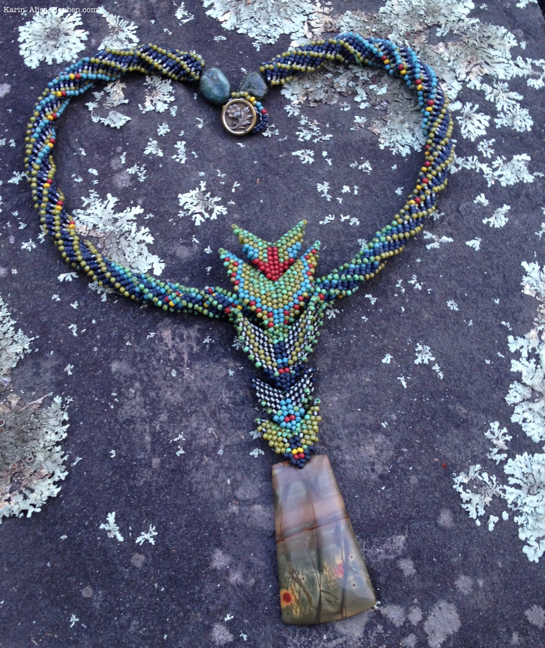 >>--> spring flowers necklace with picasso jasper, tourmaline, antique button & arrows