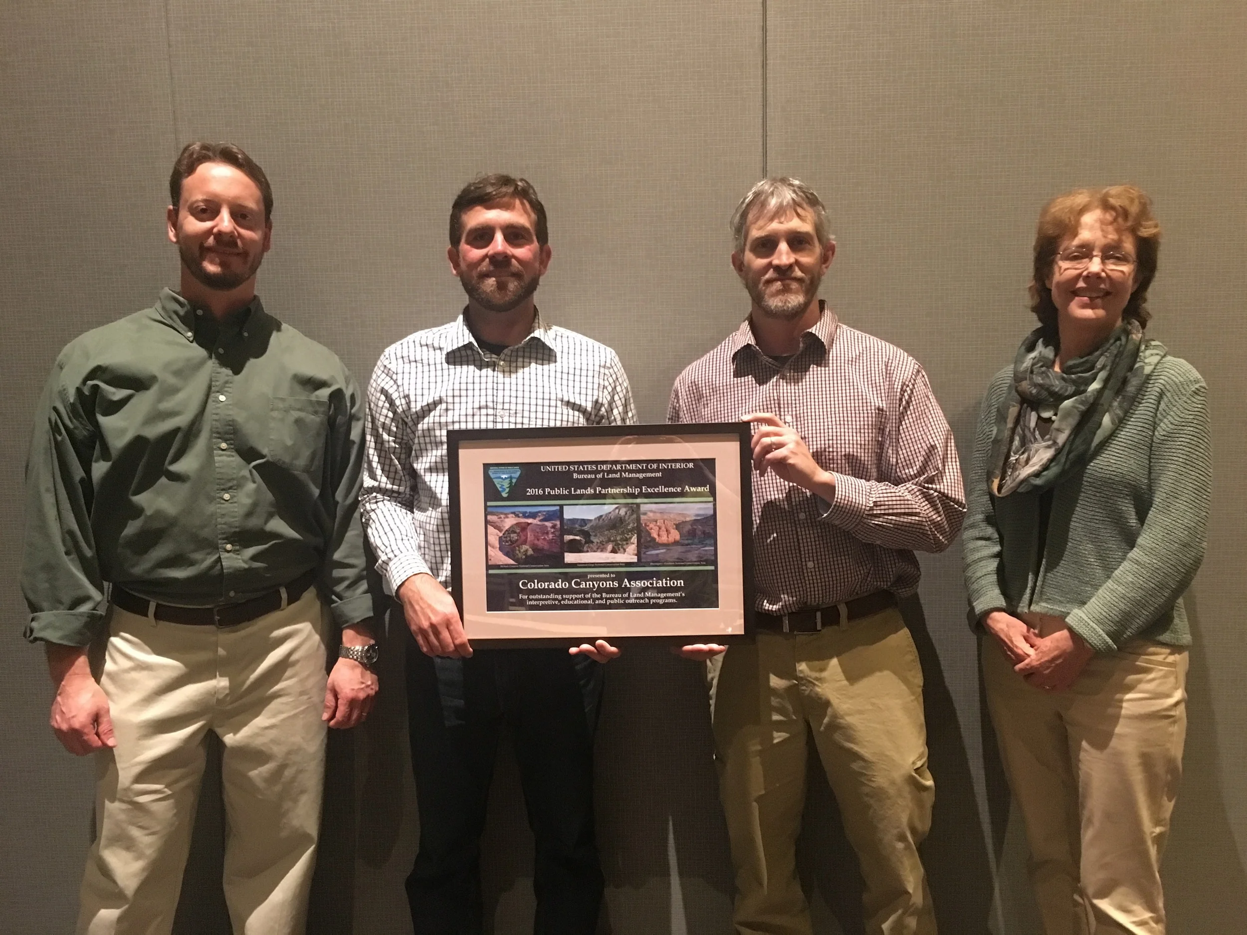 From left to right: Trevor Needham -BLM National Partnerships Coordinator, Joe Neuhof-CCA Executive Director, Collin Ewing -BLM National Conservation Area Manager, and Janet Ady -BLM Division Chief.