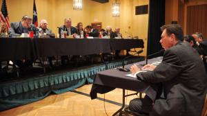 Dan Hunter, right, of the Texas Institute for Applied Environmental Research at Tarleton State University, speaks to the Joint Interim Committee to Study Water Desalination Monday, June 30, 2014, during a meeting at the Kemp Center for the Arts in Wichita Falls, Texas. (AP Photo/Wichita Falls Times Record News, Torin Halsey)