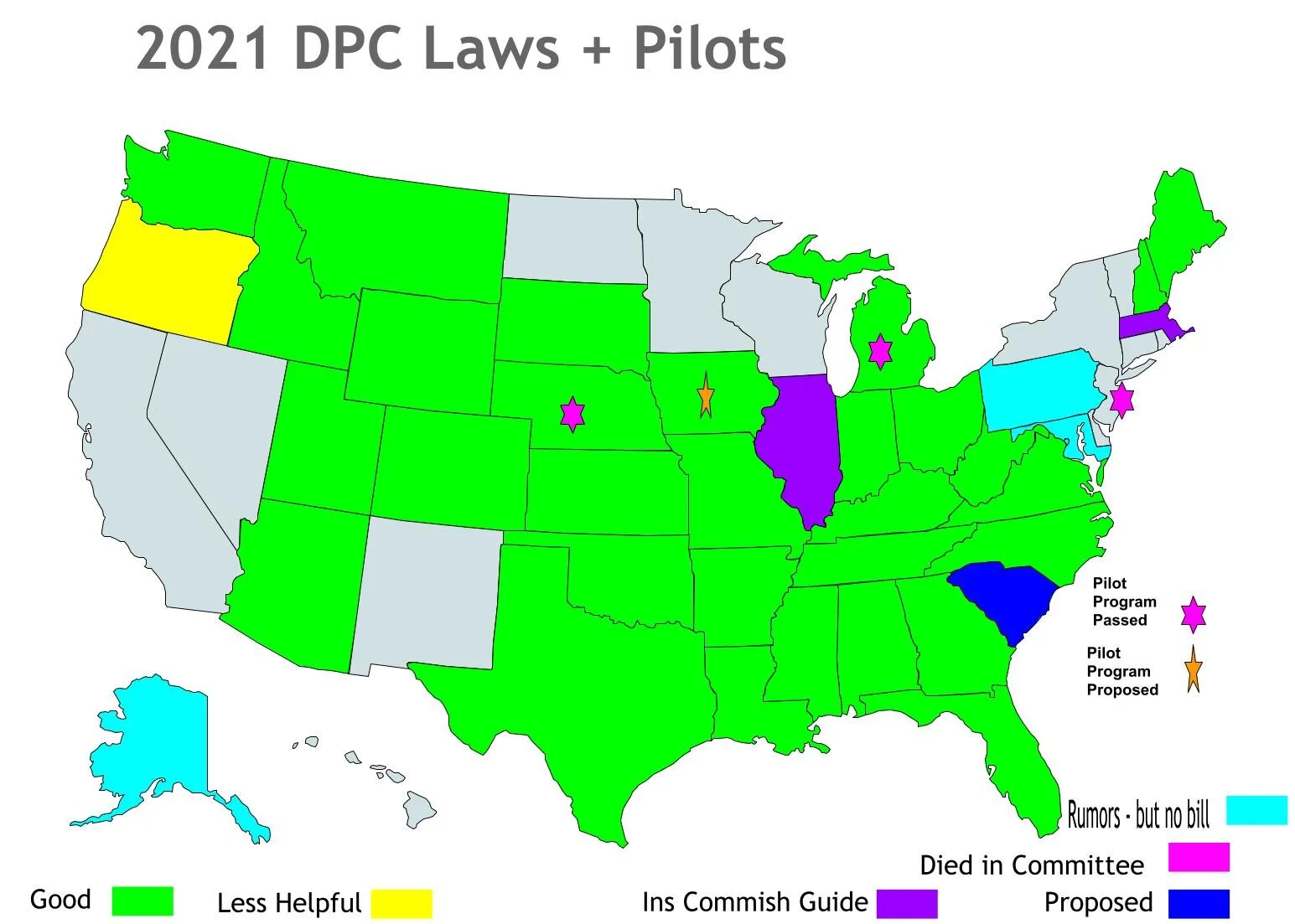 Links to each state are below. If you want to see our list of known DPC practices check our our DPC mapper. Would you like a DPC law enacted in your state? Please contact us for more info, but feel free to start with the model legislation promoted b…