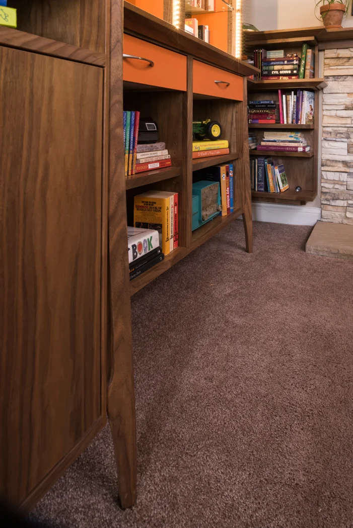 Design + Build of custom Walnut Mid-Century Inspired entertainment center.