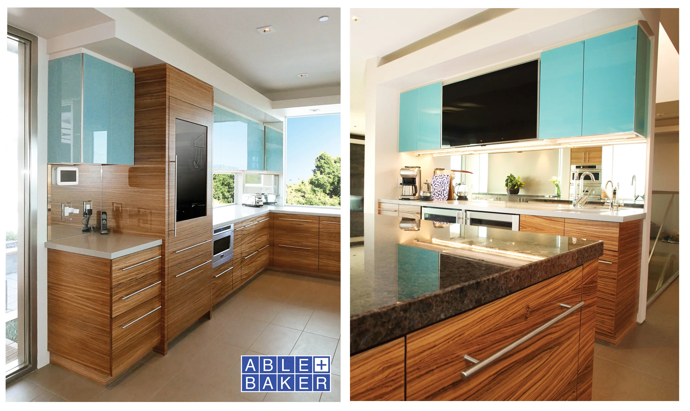 Custom Kitchen Cabinetry with Sequence Matched Zebrawood and Blue Back-Painted Glass