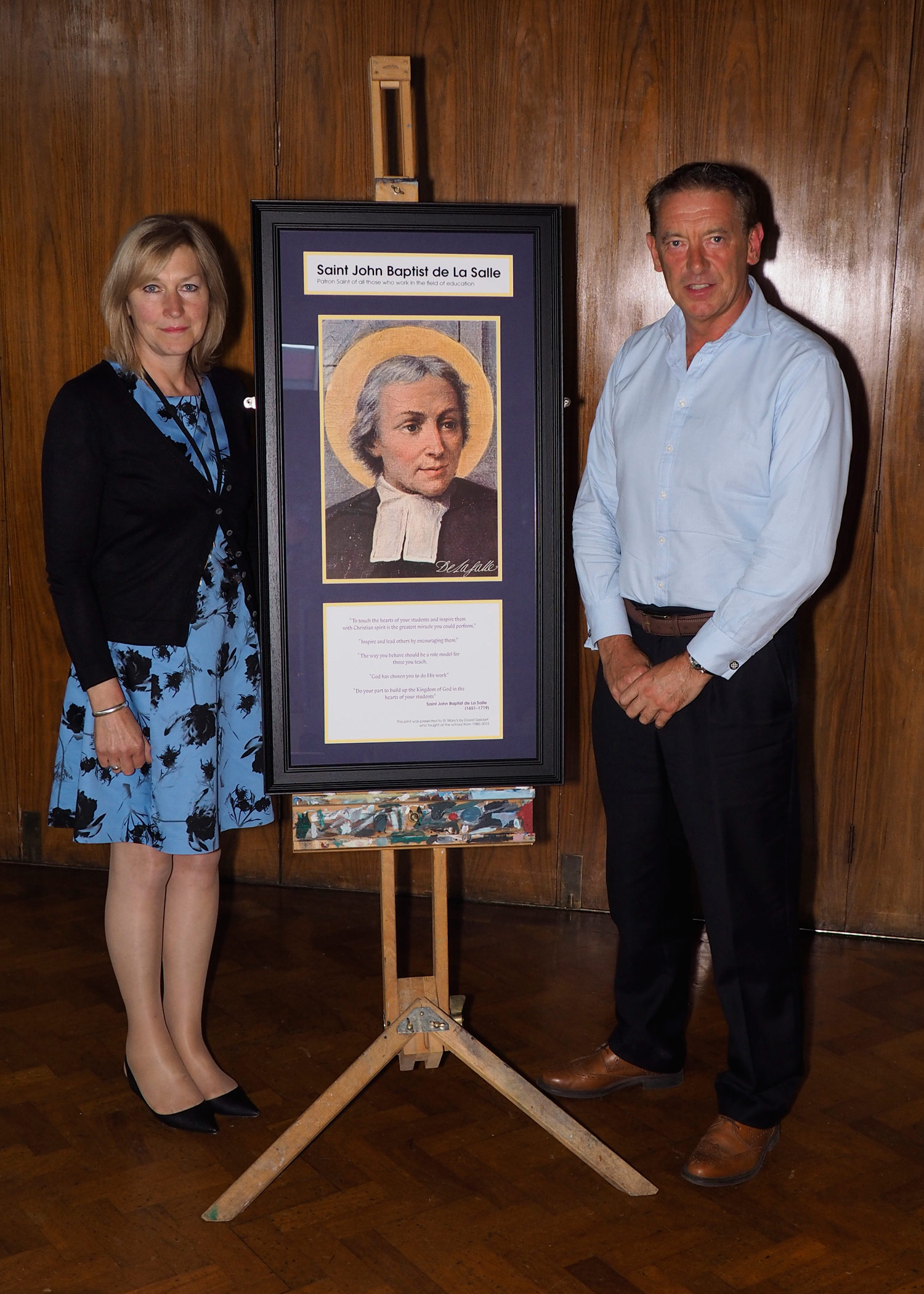 Photo: Mrs Findlay and Mr Geldart together with the gift (which has been permanently displayed in our Main corridor.