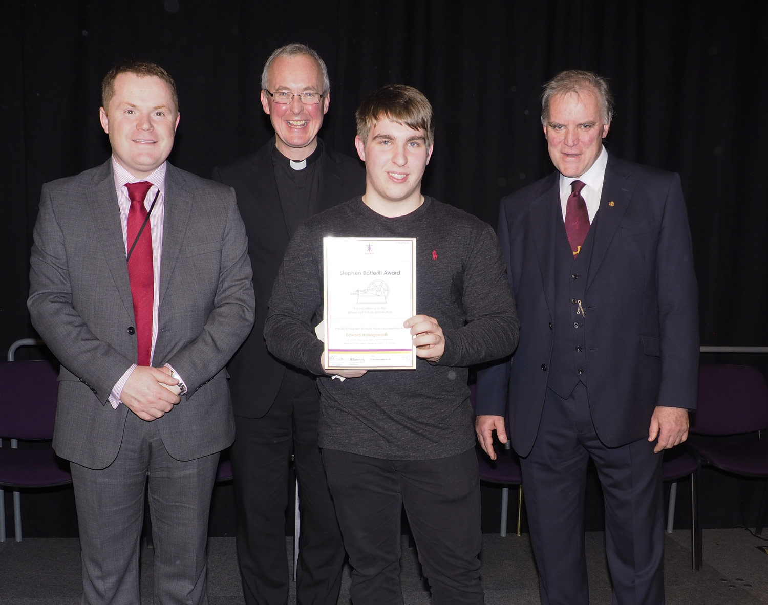 Photo: Mr Darren Beardsley, Headteacher, Former St. Mary's Menston pupil Monsignor Paul Grogan, Edward Hollingsworth, Mr Bob Lavery, Chair of St. Mary's Menston Academy Council. Year 13 Presentation Evening, 17 December 2015