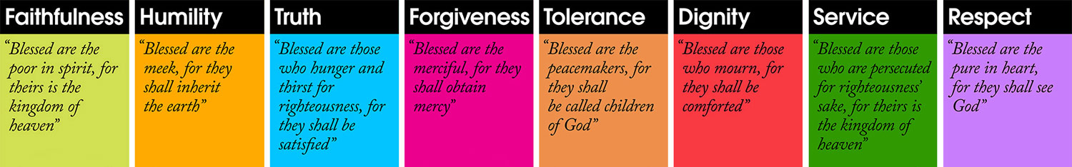 Our Values in one row of 8 (with the Beatitudes no images)