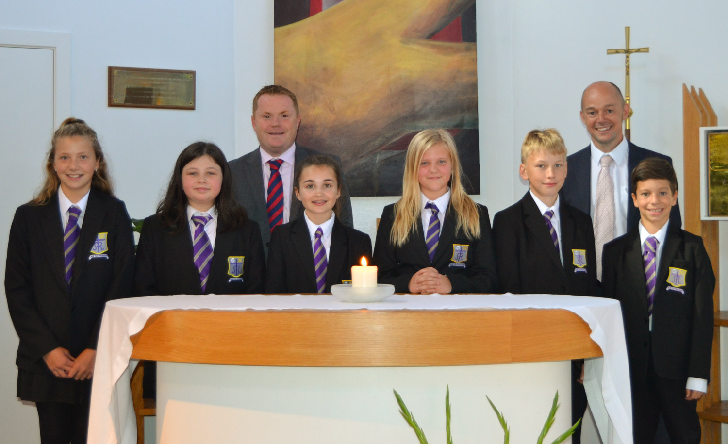 Photo: Mr Darren Beardsley (Headteacher) and Mr M Harvey (Year 7 Student Progress Leader) with Year 7 pupils in our Chapel, 8 September 2016
