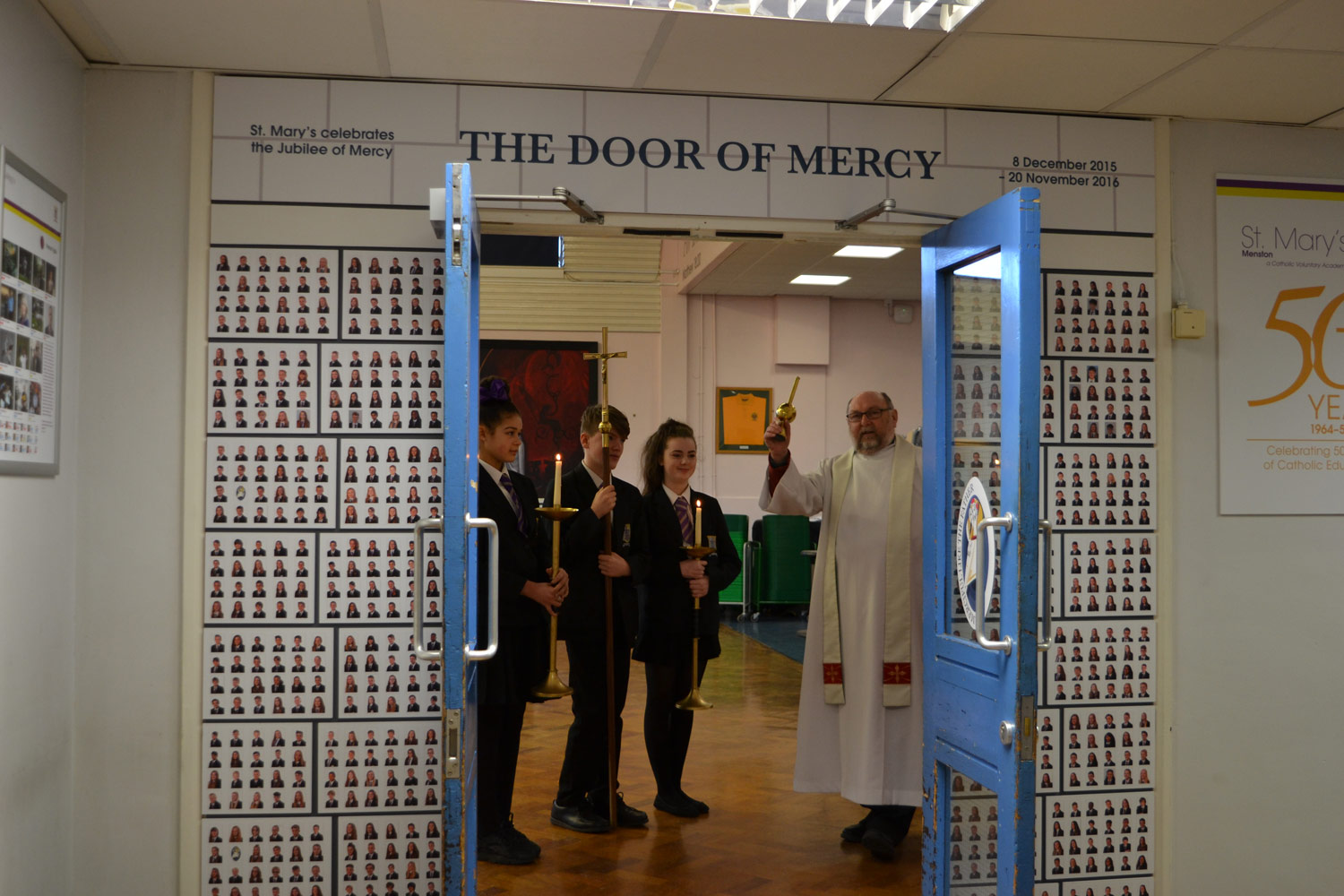 Photo: On Thursday 11 February 2016, during Year 8 Mass, Canon Lawrie Hulme blessed our Door of Mercy