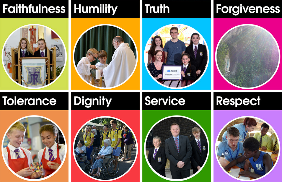 Our Values in two rows of 4 (without the Beatitudes)