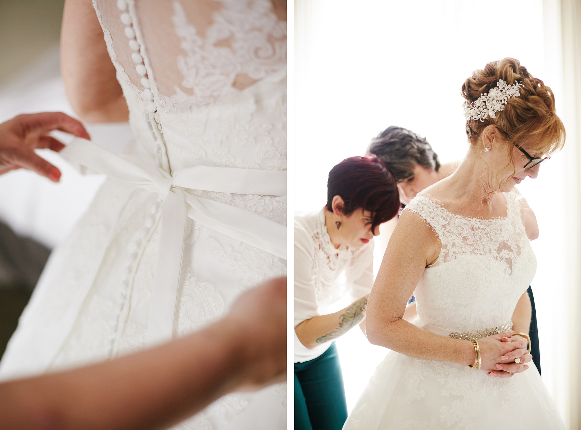 Tying the wedding gown bow