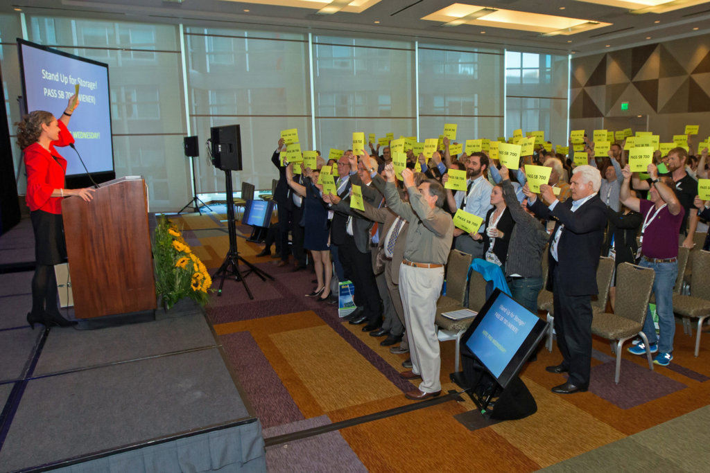 Bernadette Del Chiaro, executive director of CALSEIA, led a social media campaign during Intersolar North America’s opening ceremony last week as a final push before the legislative committee decided to let the energy storage bill die. Attendees held up pieces of paper saying, “Pass SB 700.”