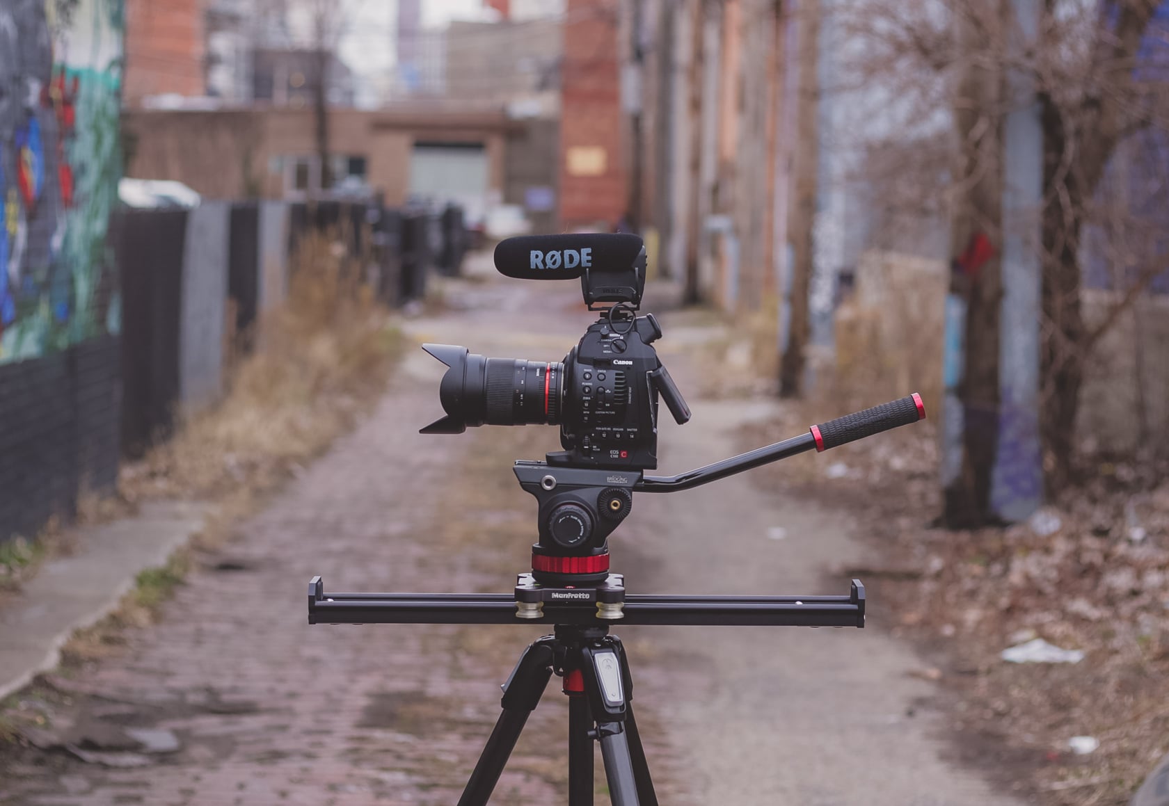 (Chicago, IL) {Pictured: Rode Video Mic Pro, Canon C100, Manfrotto 502 fluid head, Manfrotto 60cm slider, Manfrotto 055 CF tripod}