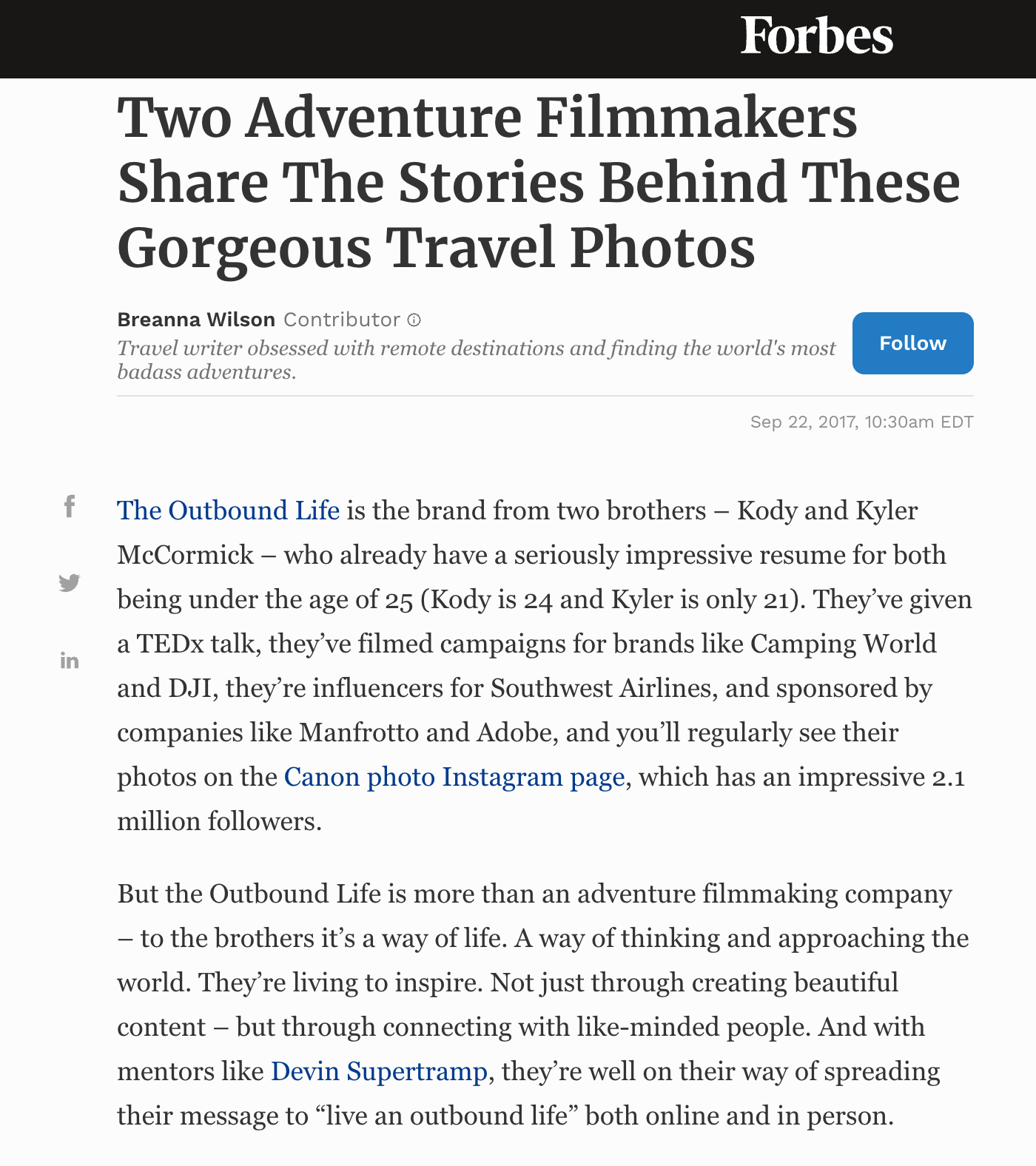 Forbes Feature Kyler McCormick Kody McCormick The Outbound Life