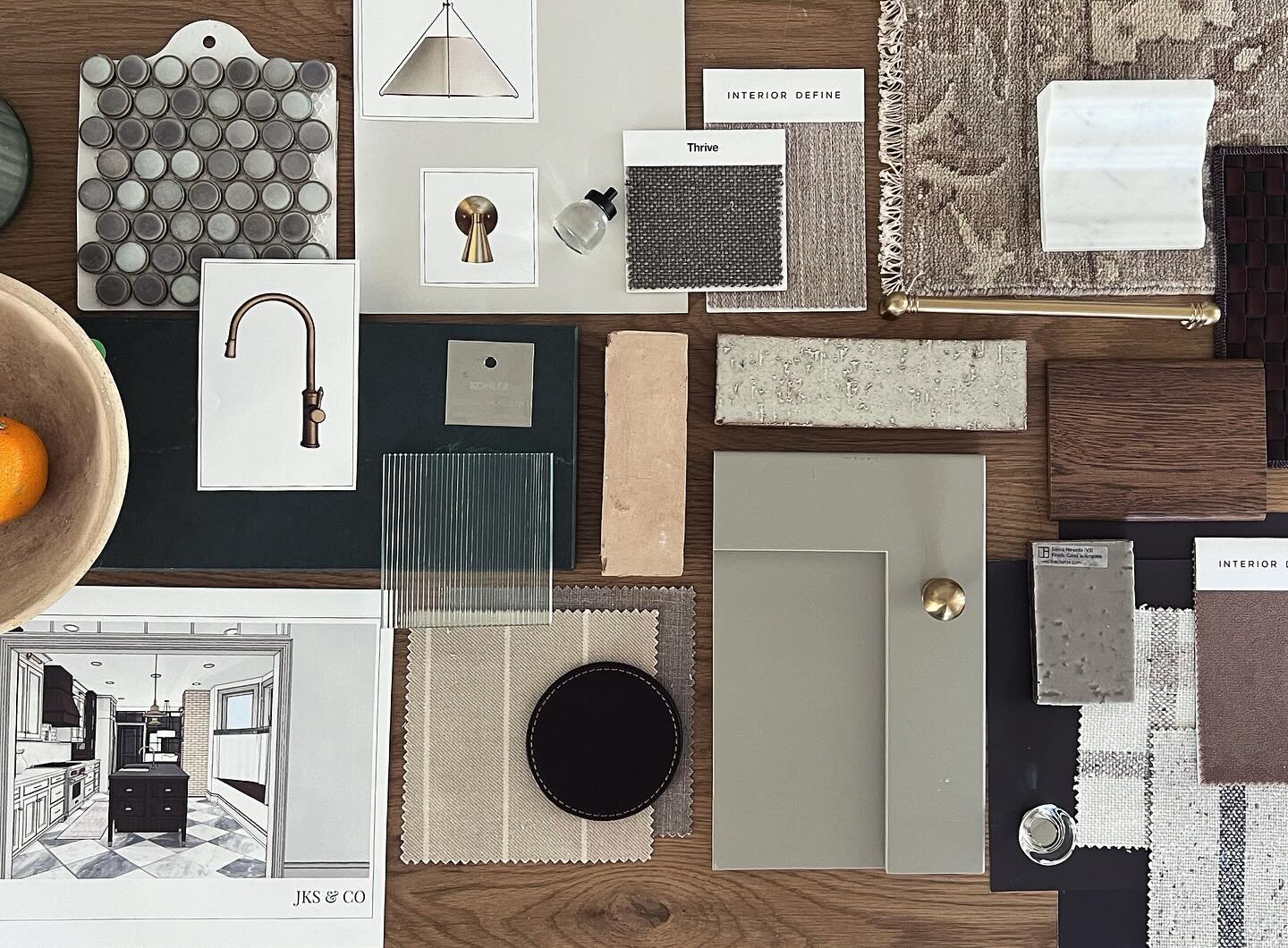 Design presentation in the studio today. Soapstone countertops, bold checkerboard flooring, fluted glass, furniture style custom island and antique pieces to create a timeless space. ✨