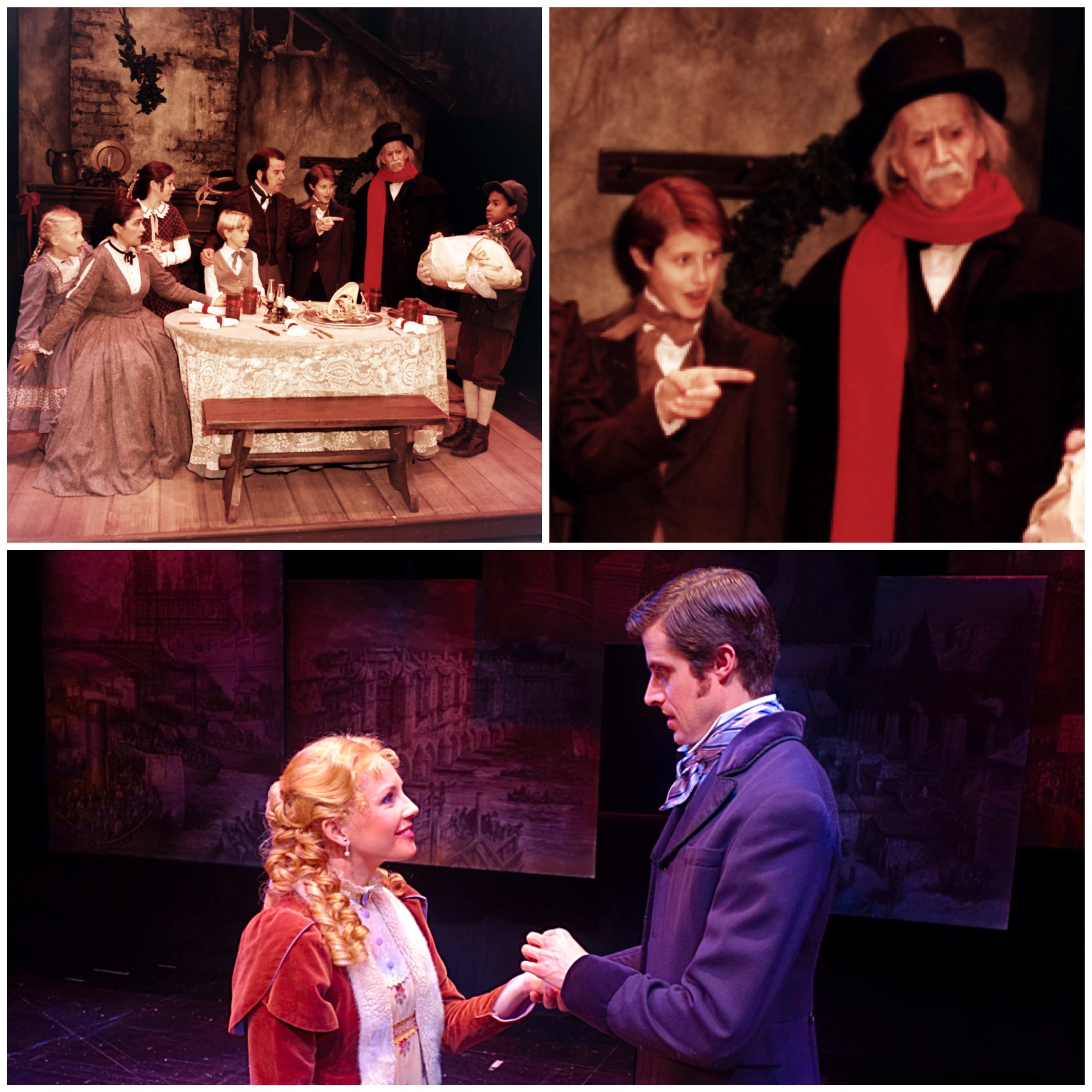 Top photos: John Ellington, Hal Landon Jr., and myself in the show in 1995. Bottom photo: Erika Schindele as Belle and myself as Young Eb in 2015.