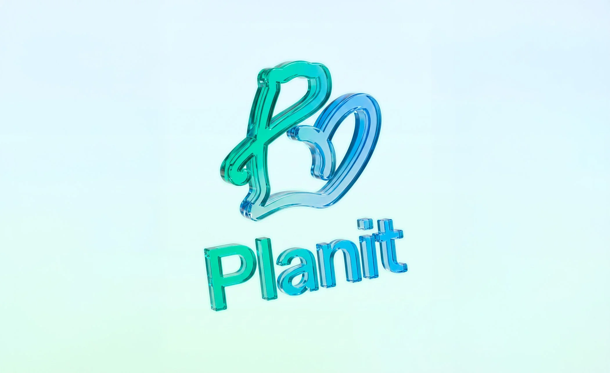 Planit's logo in glass effect floating in the middle of the image.