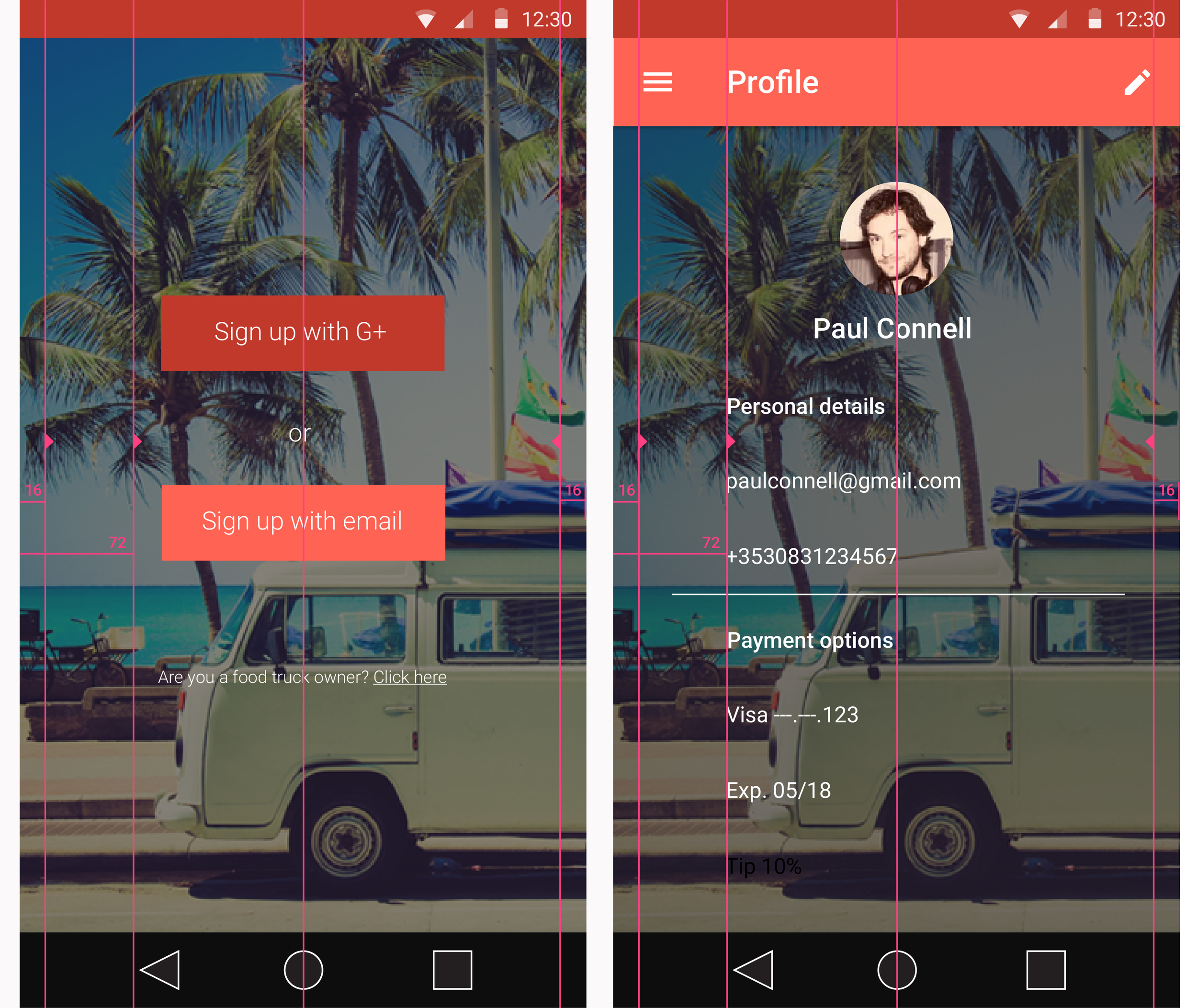 Mock ups with design guidelines from Material Design