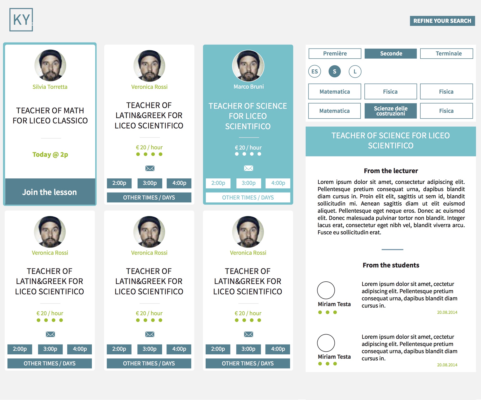 Proposals for 'My classes' page. Initial redesign of the UX of the 'Refine your search' feature (on the right of the page)