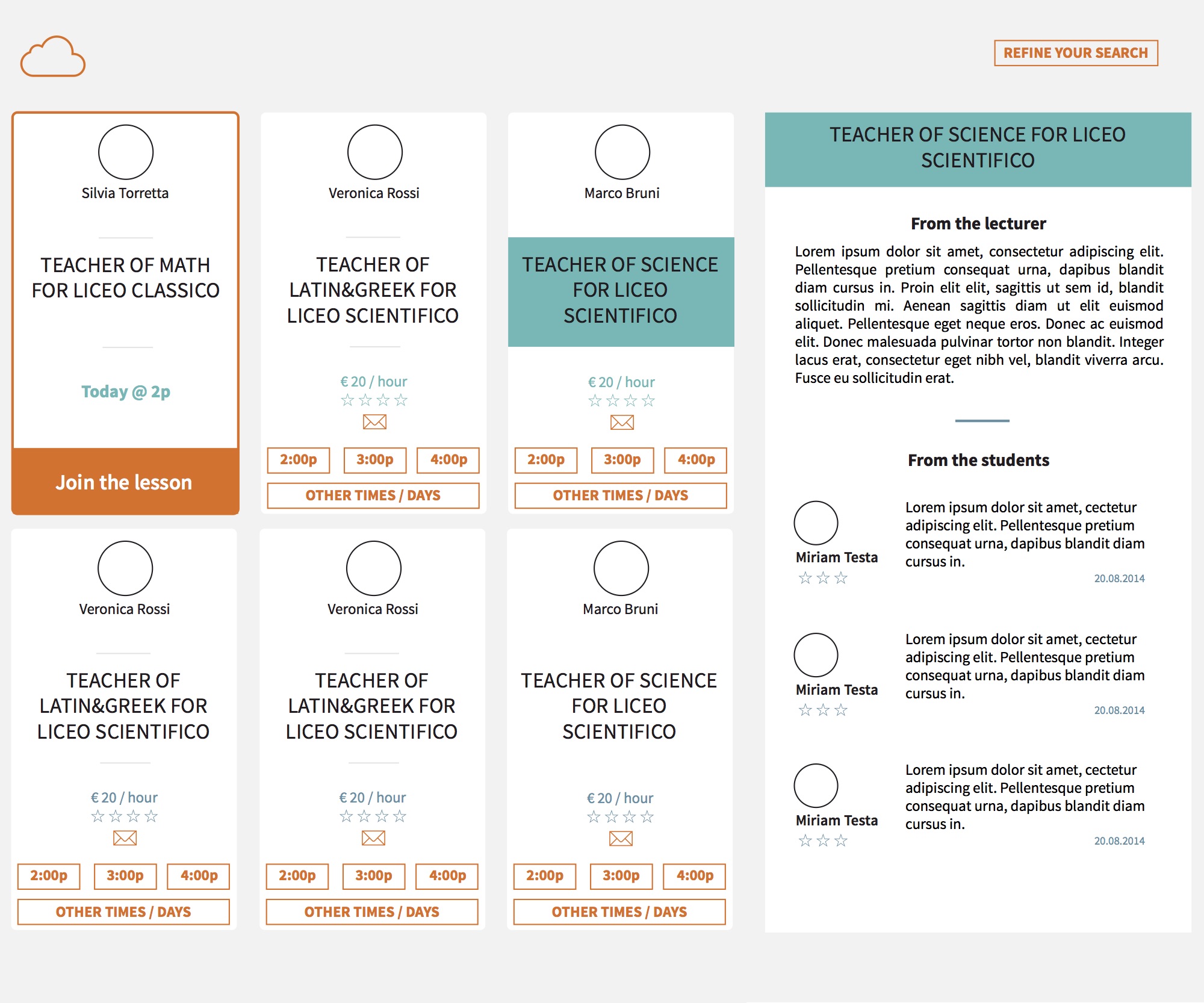 Proposals for 'My classes' page, different color palette and organization of the elements