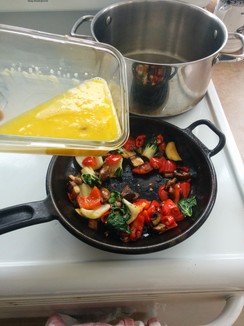 Beat egg(s) and egg whites together, pour into pan
