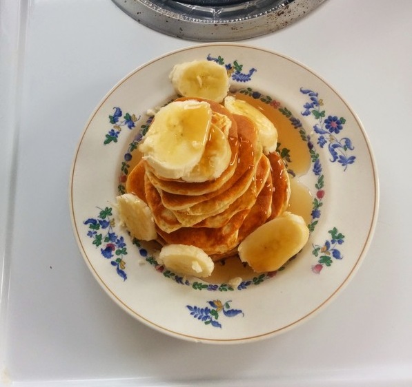 Macros: without toppings 400 calories 9 grams fat 13 grams carbohydrate 6 grams fiber 66 grams protein Things you will need: - 1 egg - half cup egg whites - 1-2 scoops protein powder - 2 tablespoons coconut flour (or almond flour or regular old flour) - 1 teaspoon baking soda - 1 teaspoon baking powder - 1 small pat butter - whatever pancake toppings your heart desires: peanut butter, maple syrup, greek yogurt, fruit (be aware your topping choice will change the macros significantly)