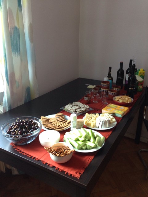 I didn't only eat out. I often cooked for myself and friends. This is what I served at a party a few days before I left the country. As you can see from the upper left corner, we had fresh cherries. There is nothing like Bulgarian cherries! I made the mistake of buying some after coming back to the US. They were a pale imitation of Bulgarian cherries, not long off the tree.