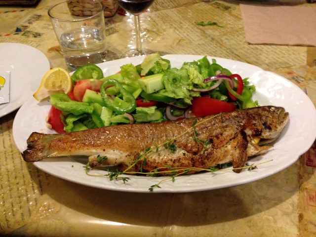  This trout with salad was at the going-away dinner of one of the other Fulbrighters, Blake, at his favorite restaurant, Made In Home, also near my apartment. Mmm. 