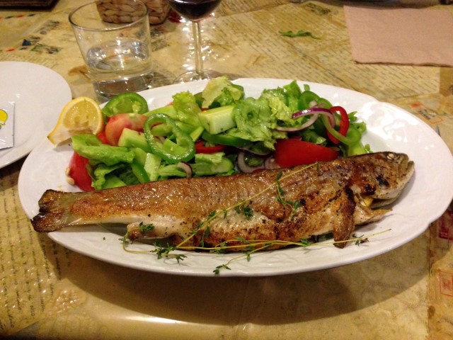 This trout with salad was at the going-away dinner of one of the other Fulbrighters, Blake, at his favorite restaurant, Made In Home, also near my apartment. Mmm.