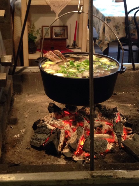 I don't know if I mentioned this, but I enjoyed the food in Bulgaria tremendously. I often took guests to a restaurant called "The Monastery Cookhouse" which was conveniently around the block from me. Though the restaurant is touristy, the food is delicious. The menu is extensive (17 pages, or was it 27?), with recipes from monasteries around the country. Here is a pot of soup simmering over coals in the restaurant.