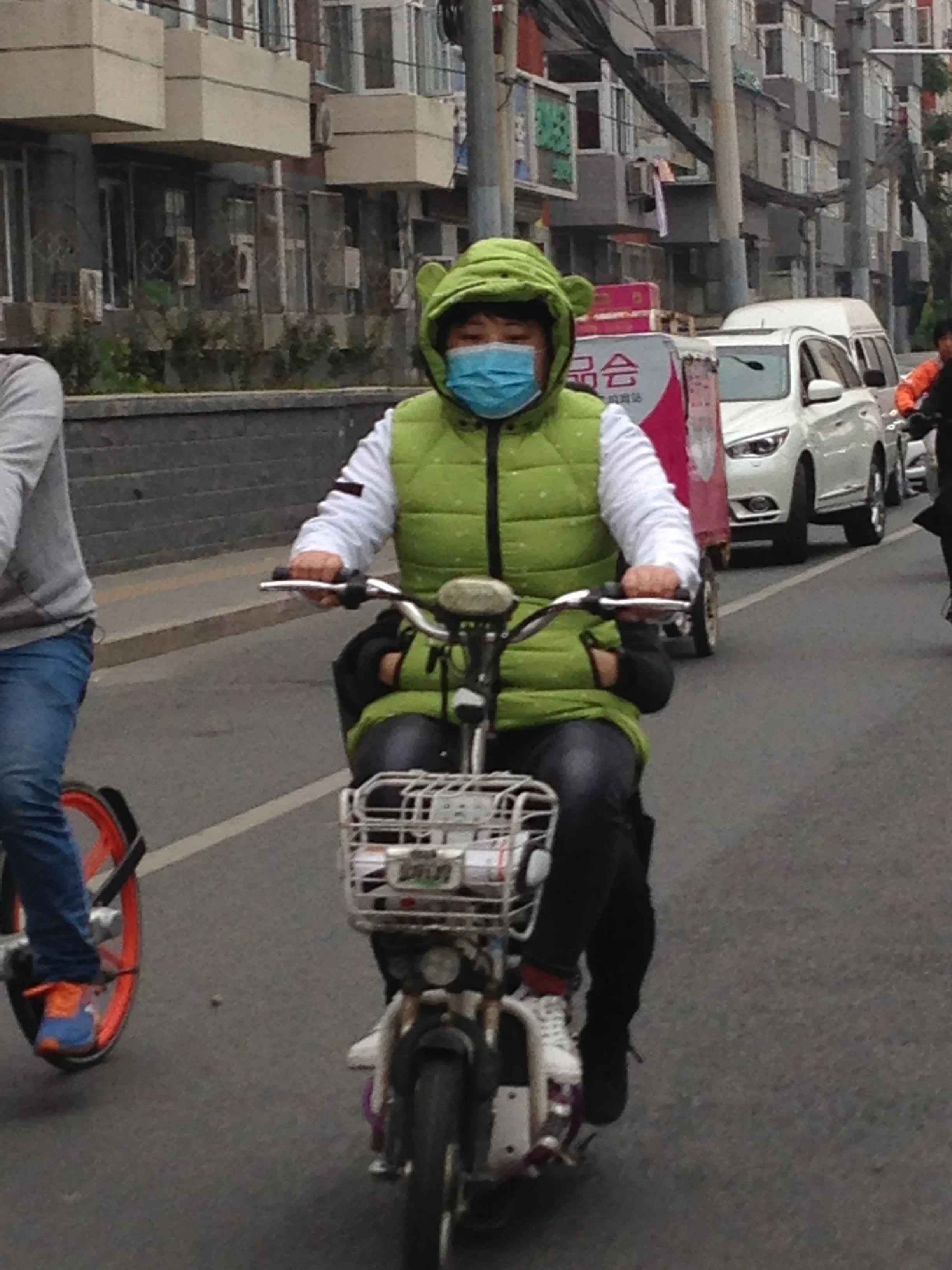 A mask is a good idea. I like the ears on the hood. I think there's somebody else on the back of the scooter--or maybe the driver has four arms?