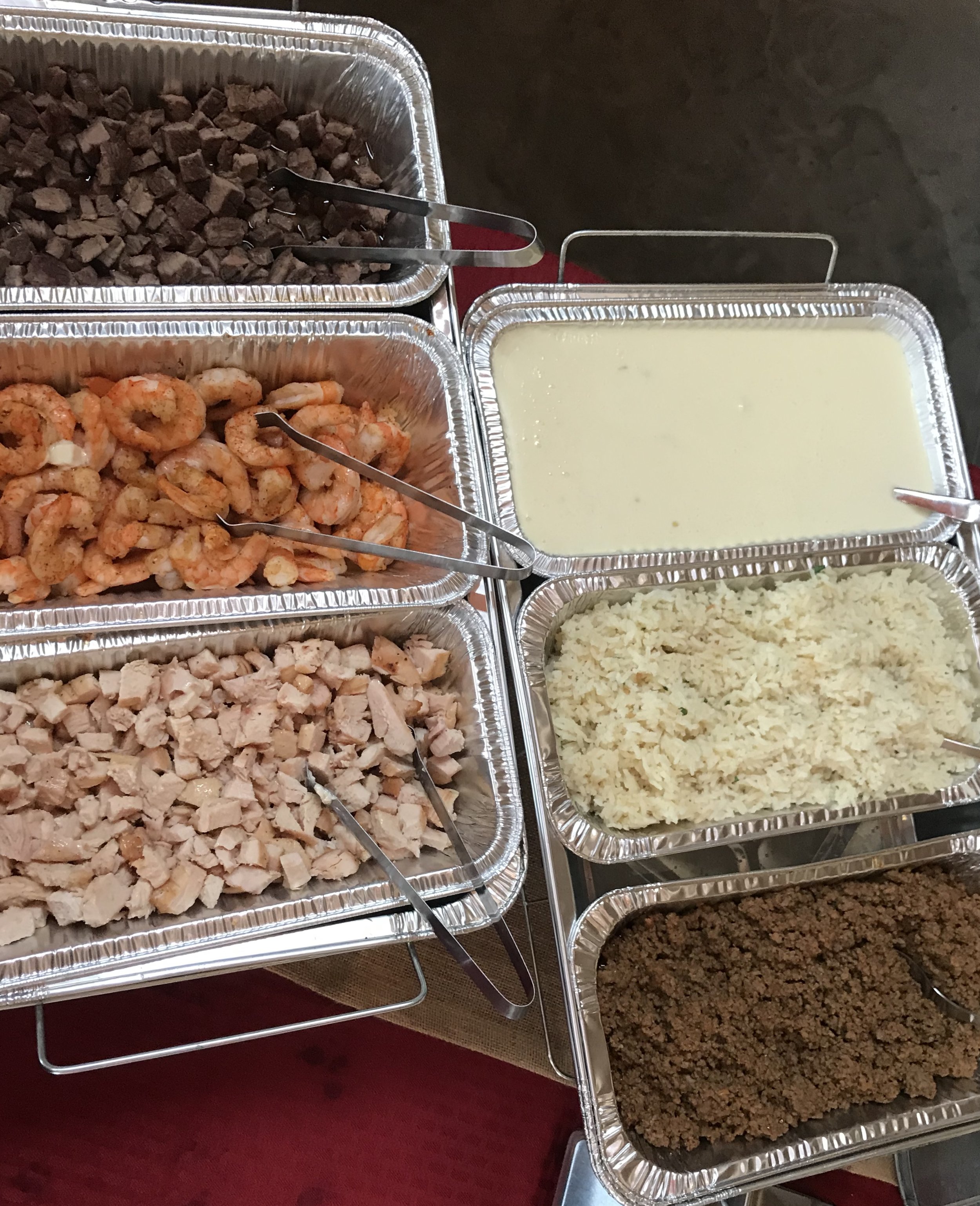 Taco Bar--Grilled Chicken, Grilled Steak, Grilled Shrimp, Taco Beef, Lime Cilantro Rice & Warm White Queso---YUM!!