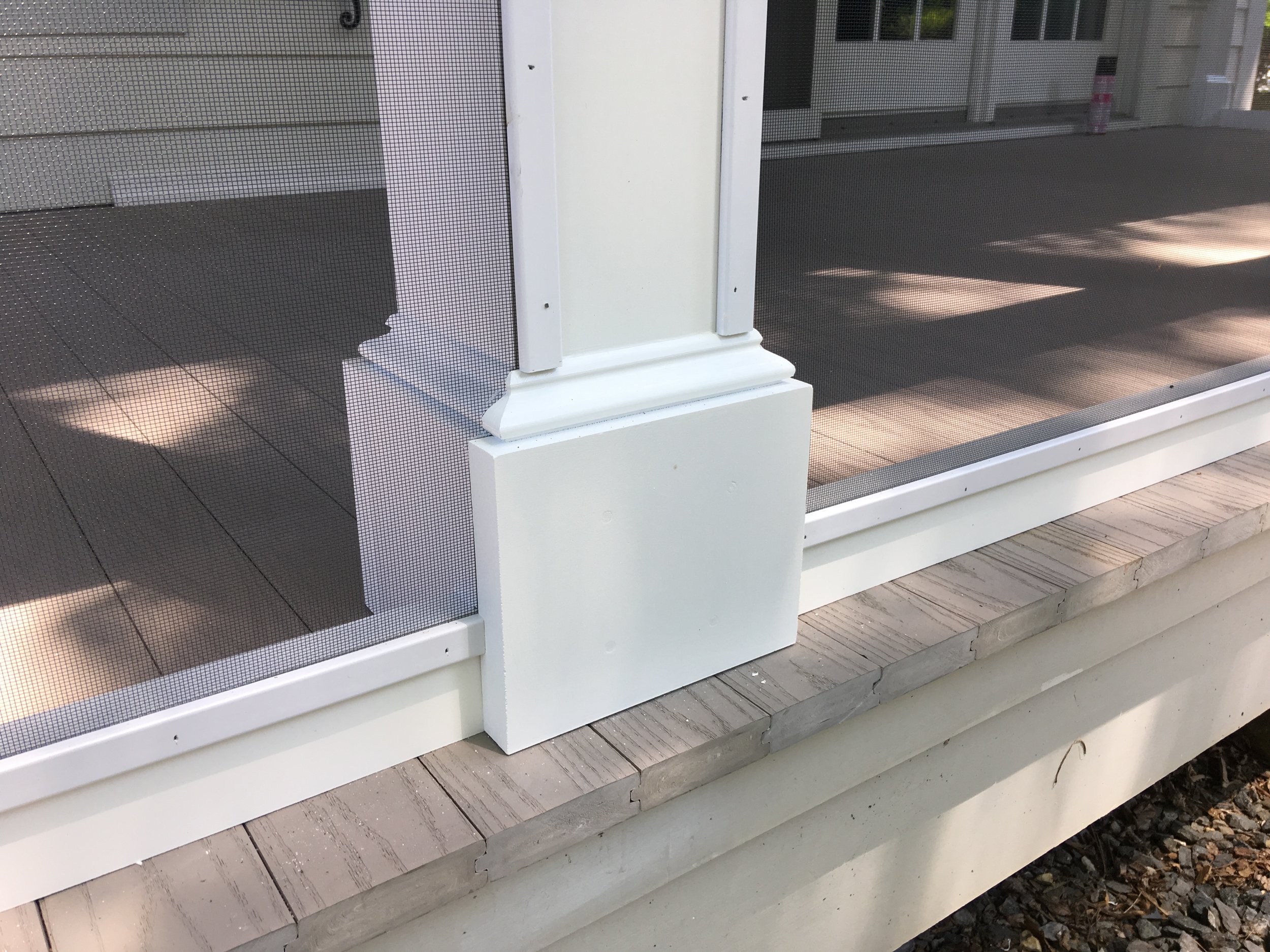 This porch had no screens and rotten floor boards. It now has new Timbertech 5/4 decking with new screens after it was painted.