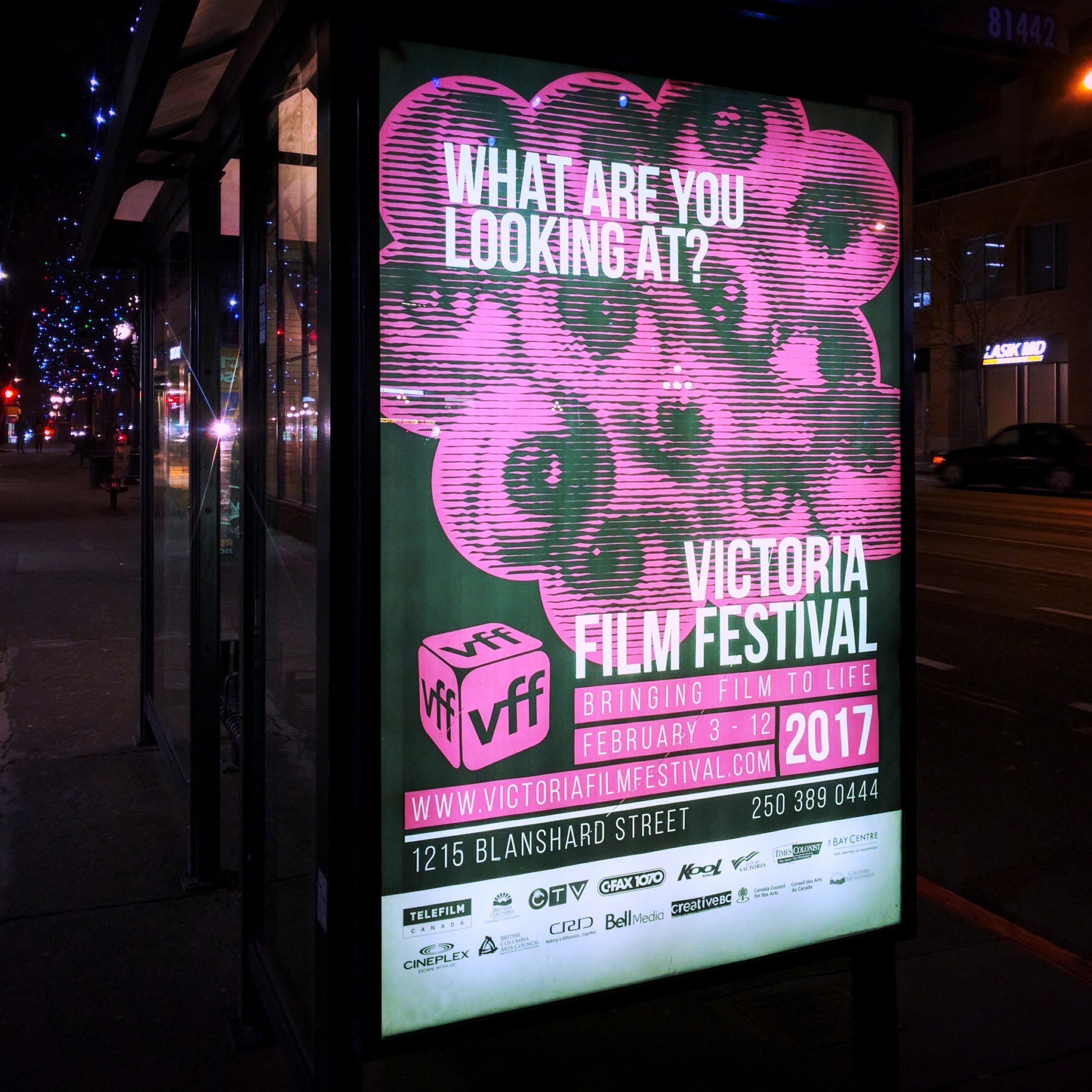 The Victoria Film Festival commissioned us to design the graphic presence of their 2017 event, including this poster design which popped up on a bus shelter next to Victoria City Hall.