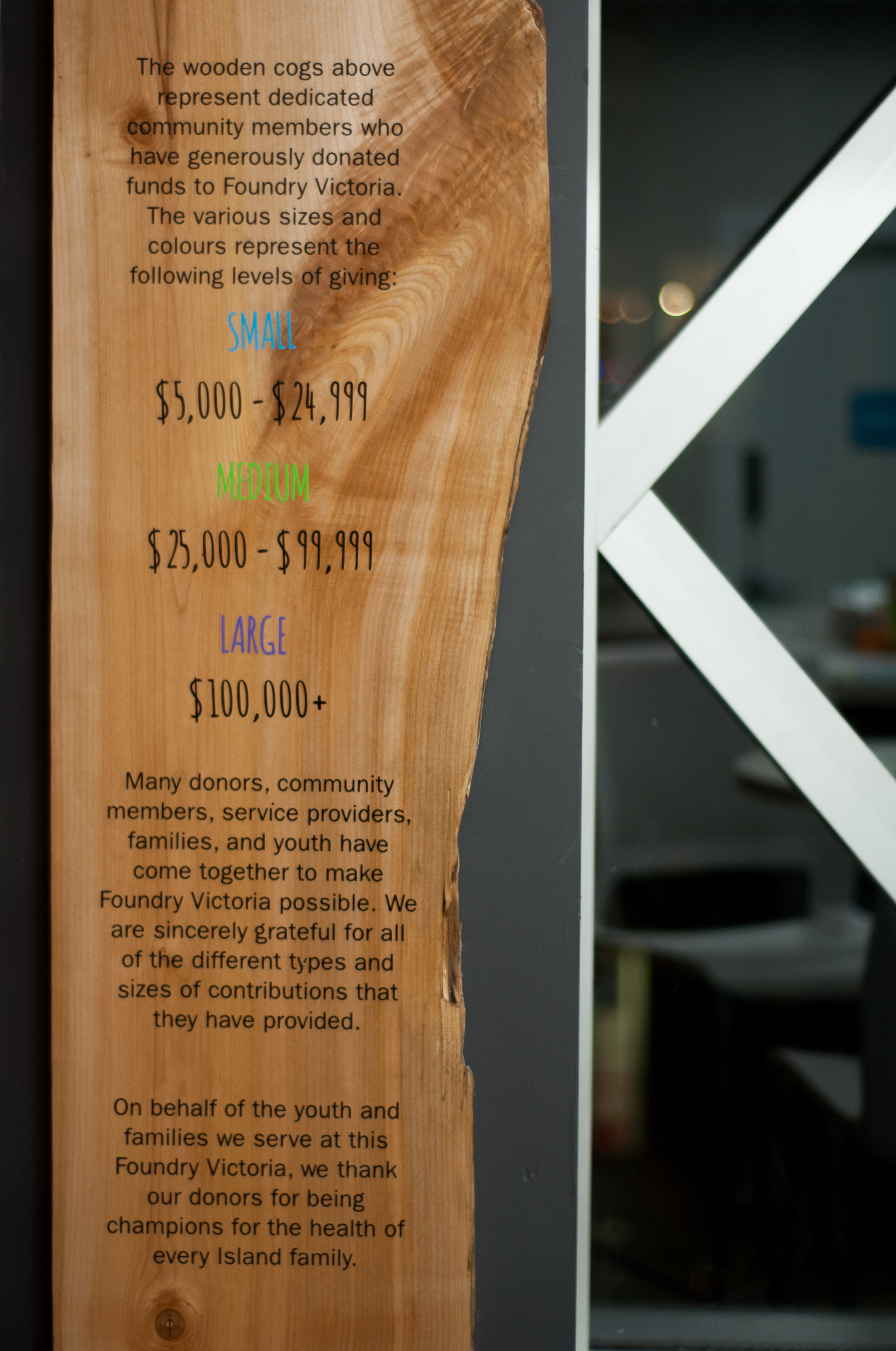  Both columns beneath the donor wall feature hung live-edge maple slabs with information for youth and visitors about what donors are, why they matter, and what the different levels of giving represent. 
