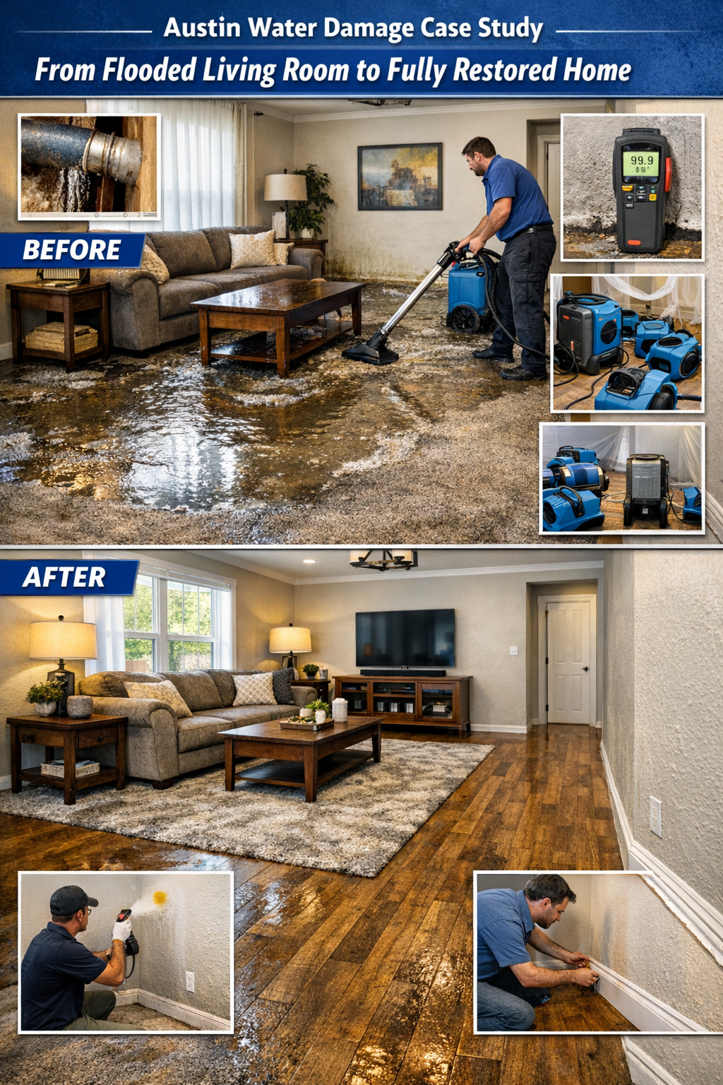 Real Austin Case Study — From Flooded Living Room to Fully Restored Home