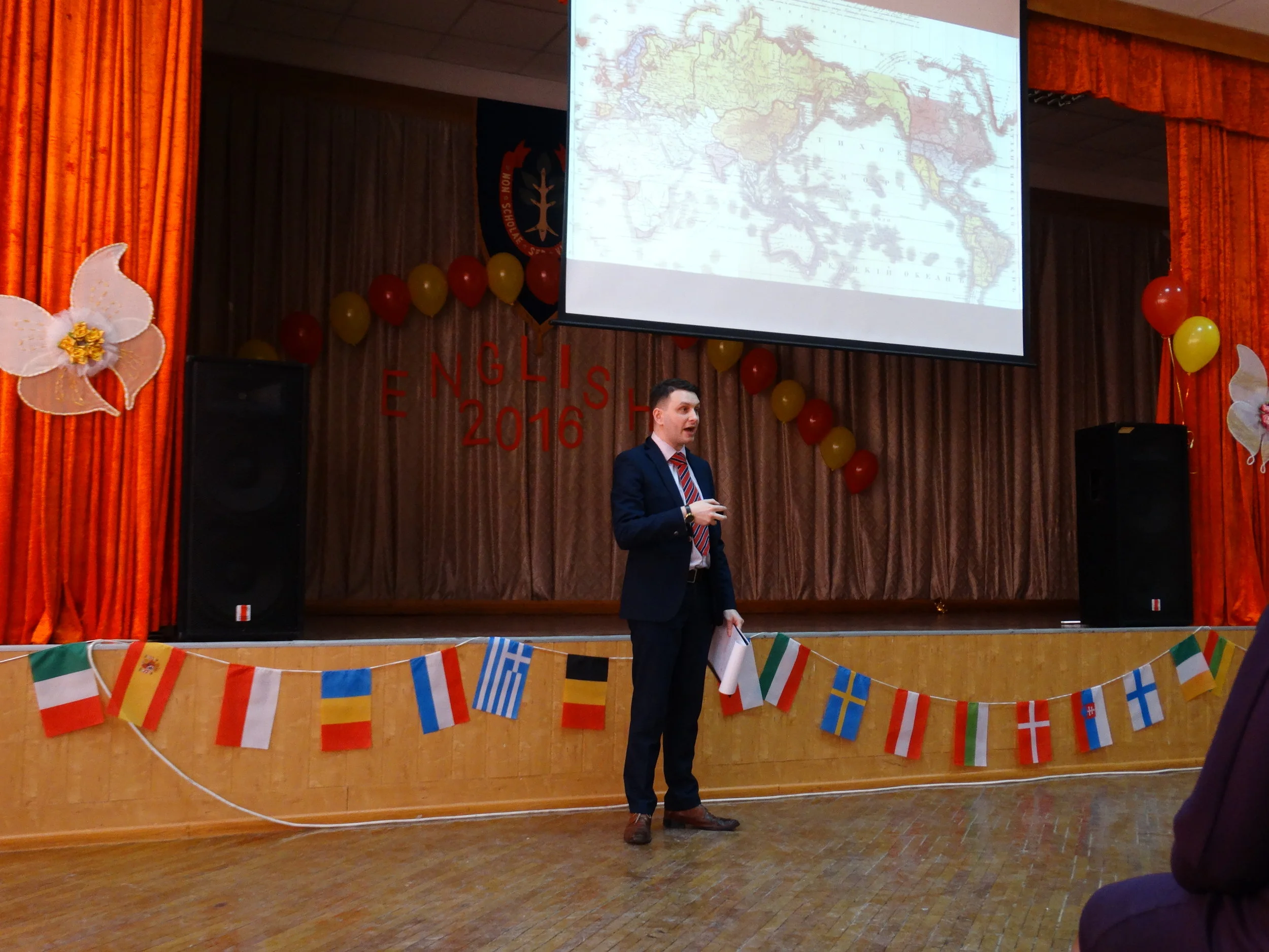  Peter J Cribley attends a combined teacher conference in School 56 and holds a talk for English teachers and students of foreign languages from across the Kharkiv city region. 