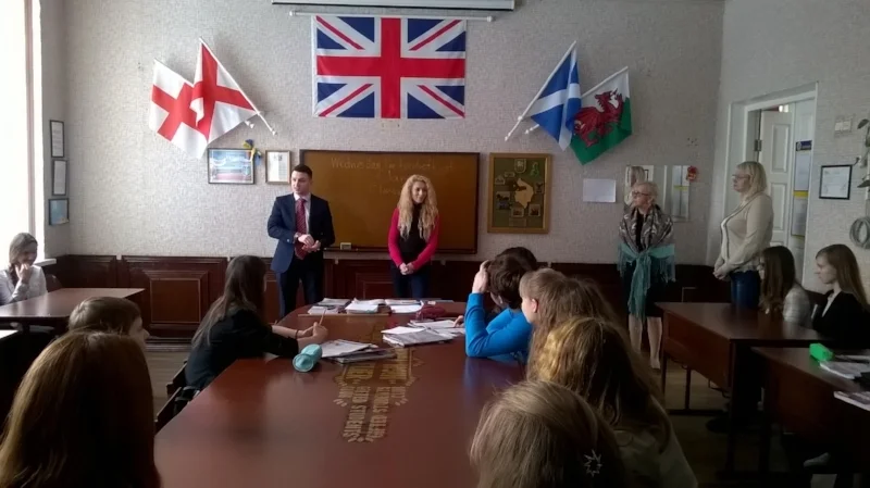 Peter J Cribley addresses schoolchildren about British culture and the English language.